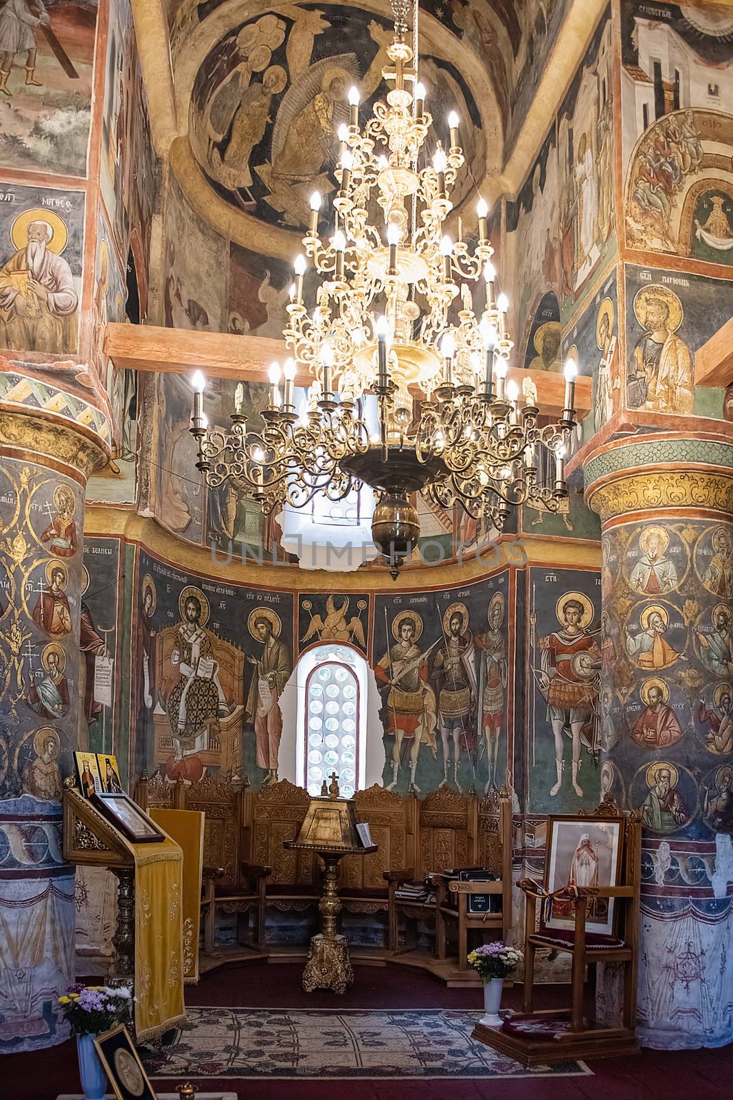 Snagov, Romania - Aug 2019: Interior of Snagov Monastary, the supposed resting place of Vlad the Impaler