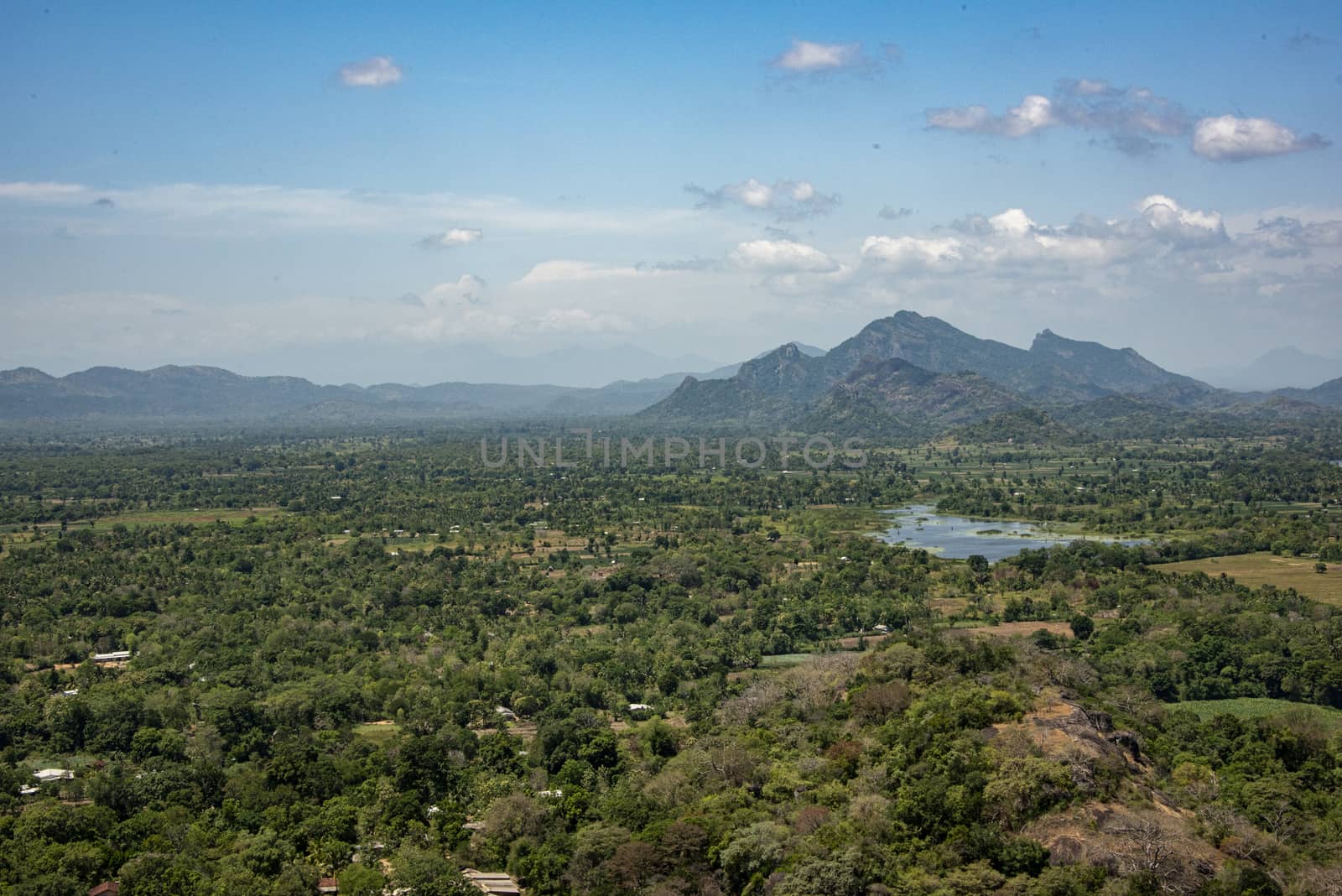 Sri lanka, Sigyriya - Sept 2015: vista of  mountains, lakes and jungle  from the top if the Lion Rock