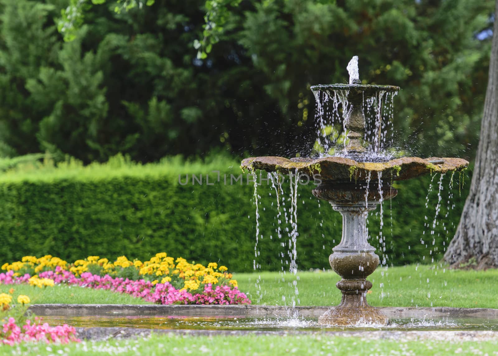 France, Alsace, June 2015: antique fountain in public garden