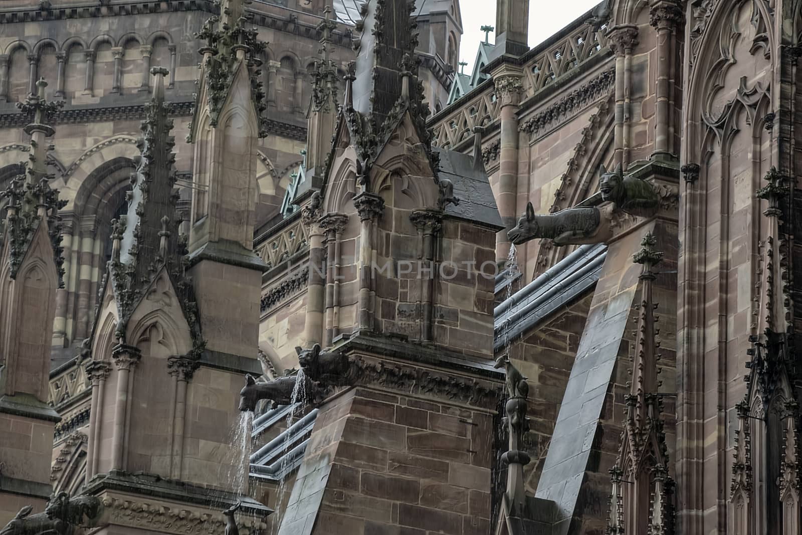 France, Alsace, June 2015: Spires of Strasbourg cathedral in heavy rain