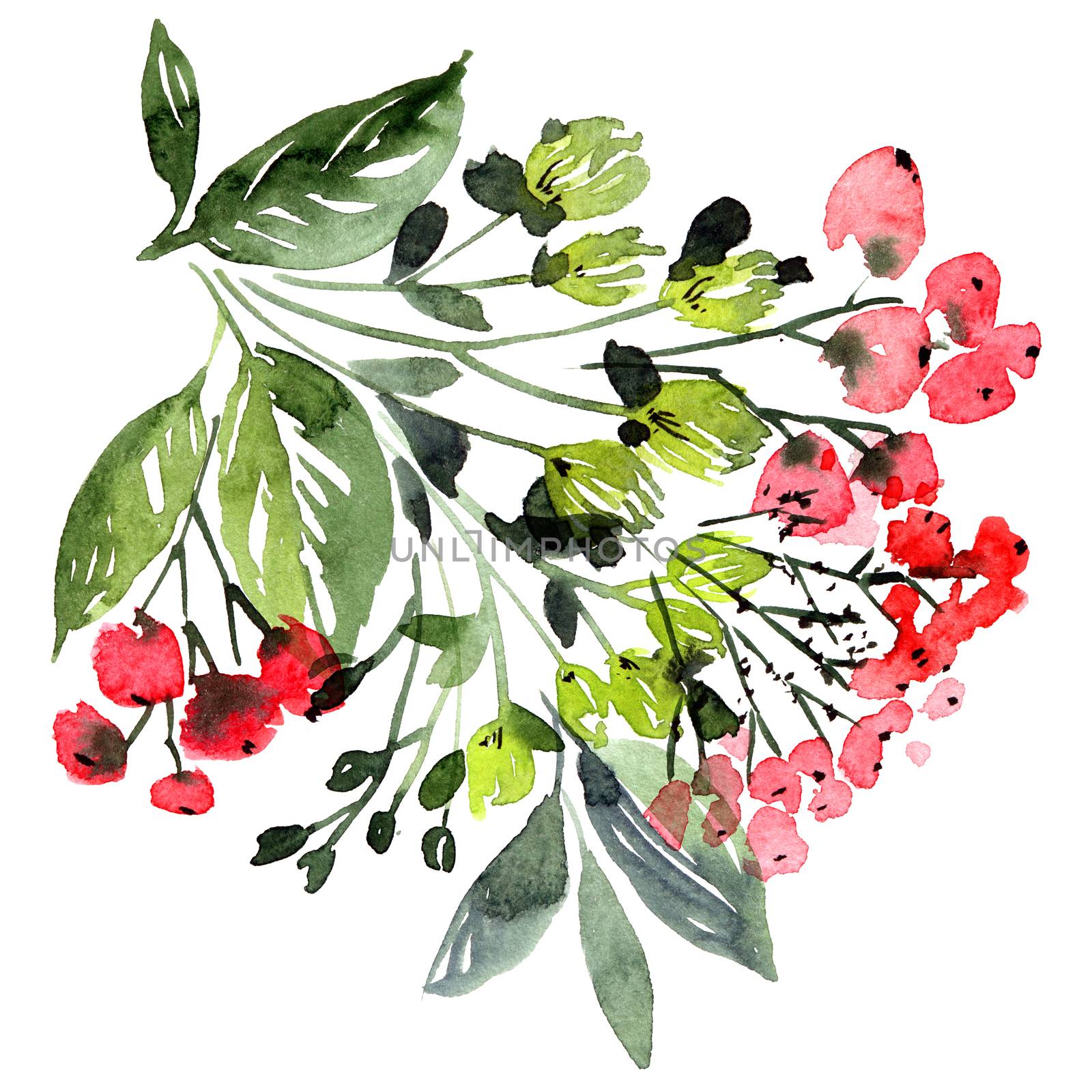 Watercolor floral arrangments with flowers, leaves and twigs. Artistic illustration.