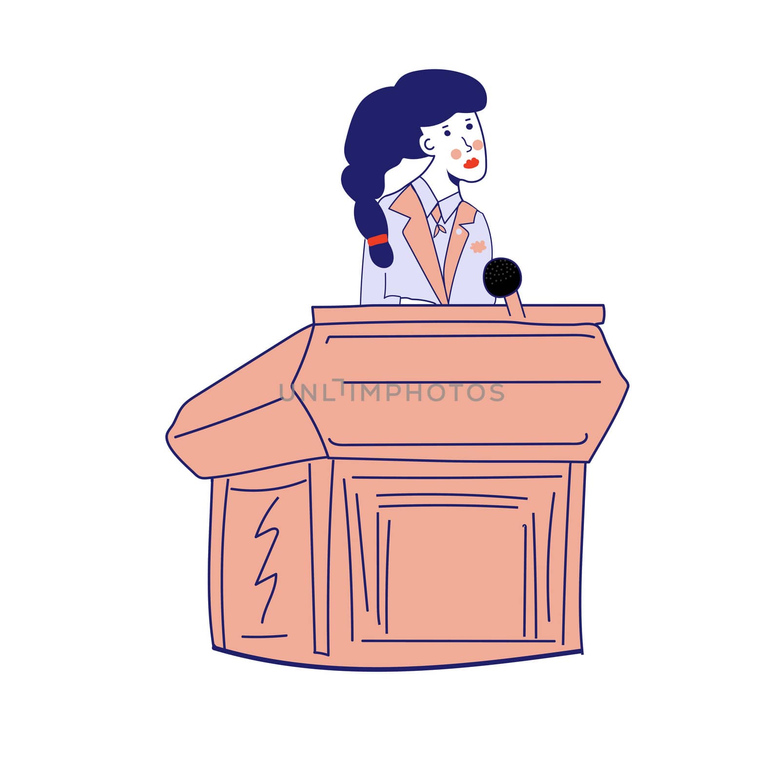 A young activist girl in a business suit behind a podium makes a speech. Girl politician. School debate. illustration, blue line, in cartoon style by zaryov