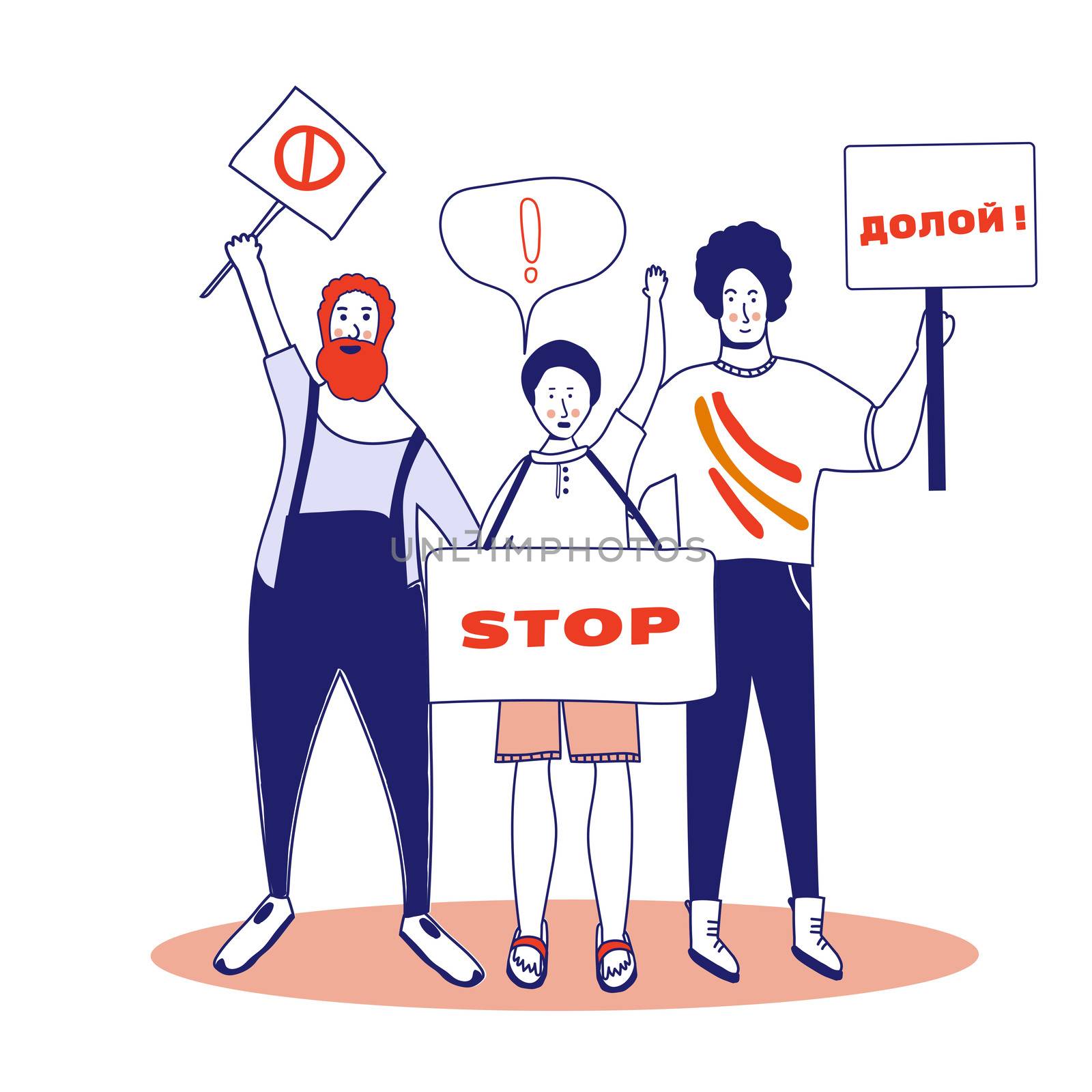 Protest. Three male activists are holding posters. Persons standing with spaces. Group of young men with banners taking part in the parade, picket. Social activism. illustration, blue line, in cartoon style.