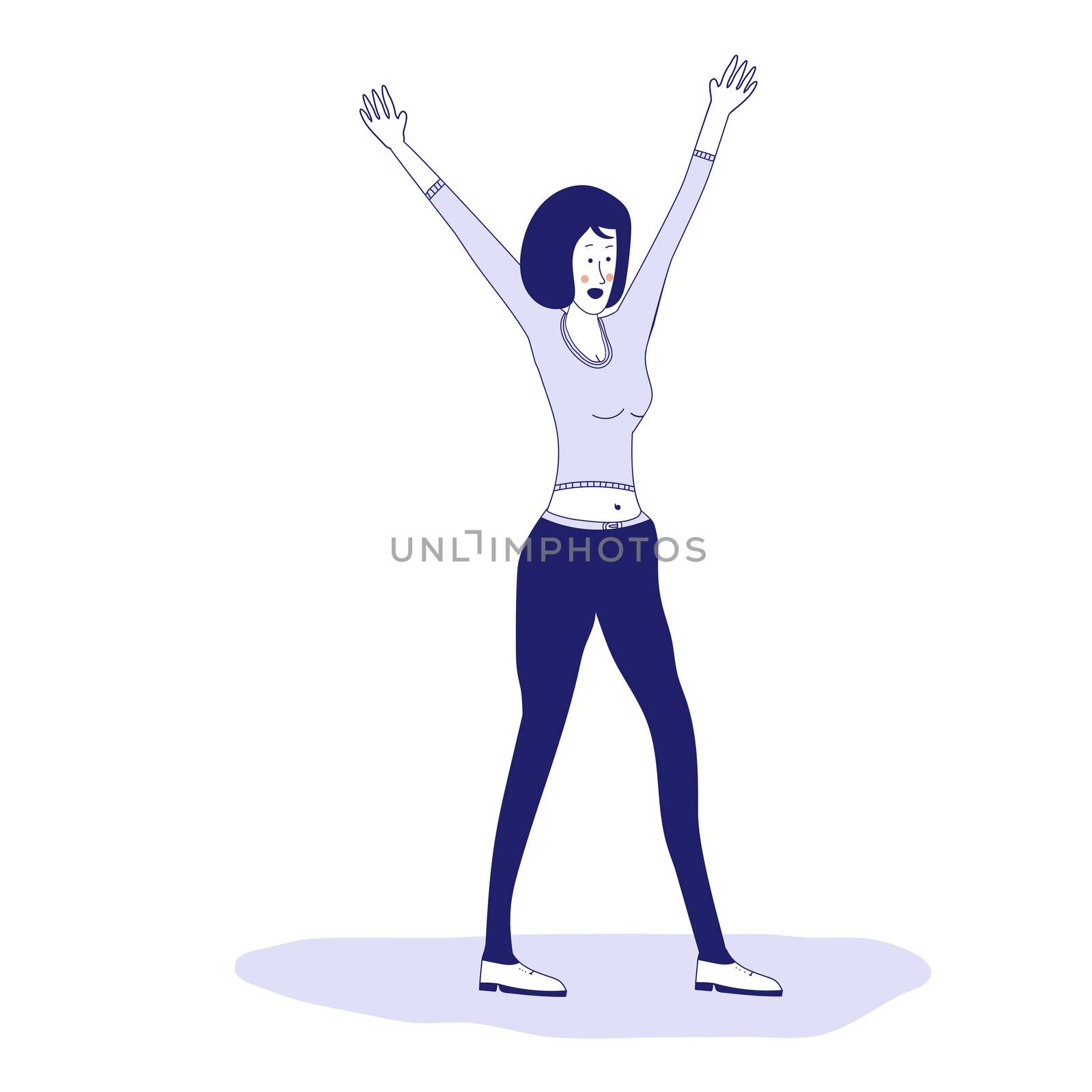 Woman holds a poster, protesting activist, workers strike. Worker holds a blank banner, takes part in the parade. Demo manifesto with blank space for text. A single picket for women's rights. A feminist. illustration, blue line, in cartoon style