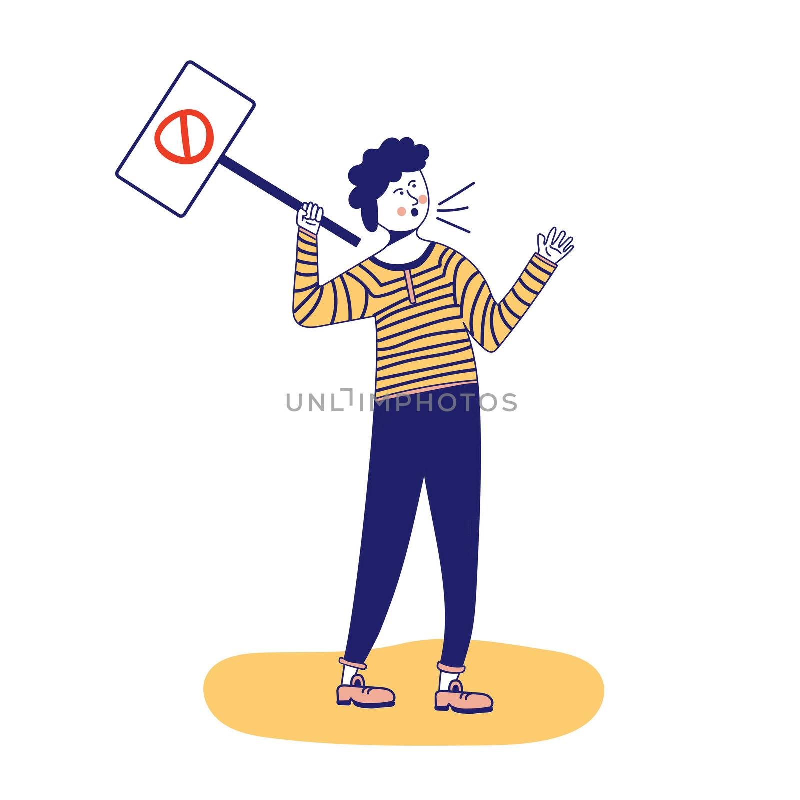 A man with a banner, a protesting activist, a workers' strike. Worker holds a blank banner, takes part in the parade. A manifest with a demonstration sign with empty space for text. Single picket. illustration with blue outline in cartoon hand-drawn style