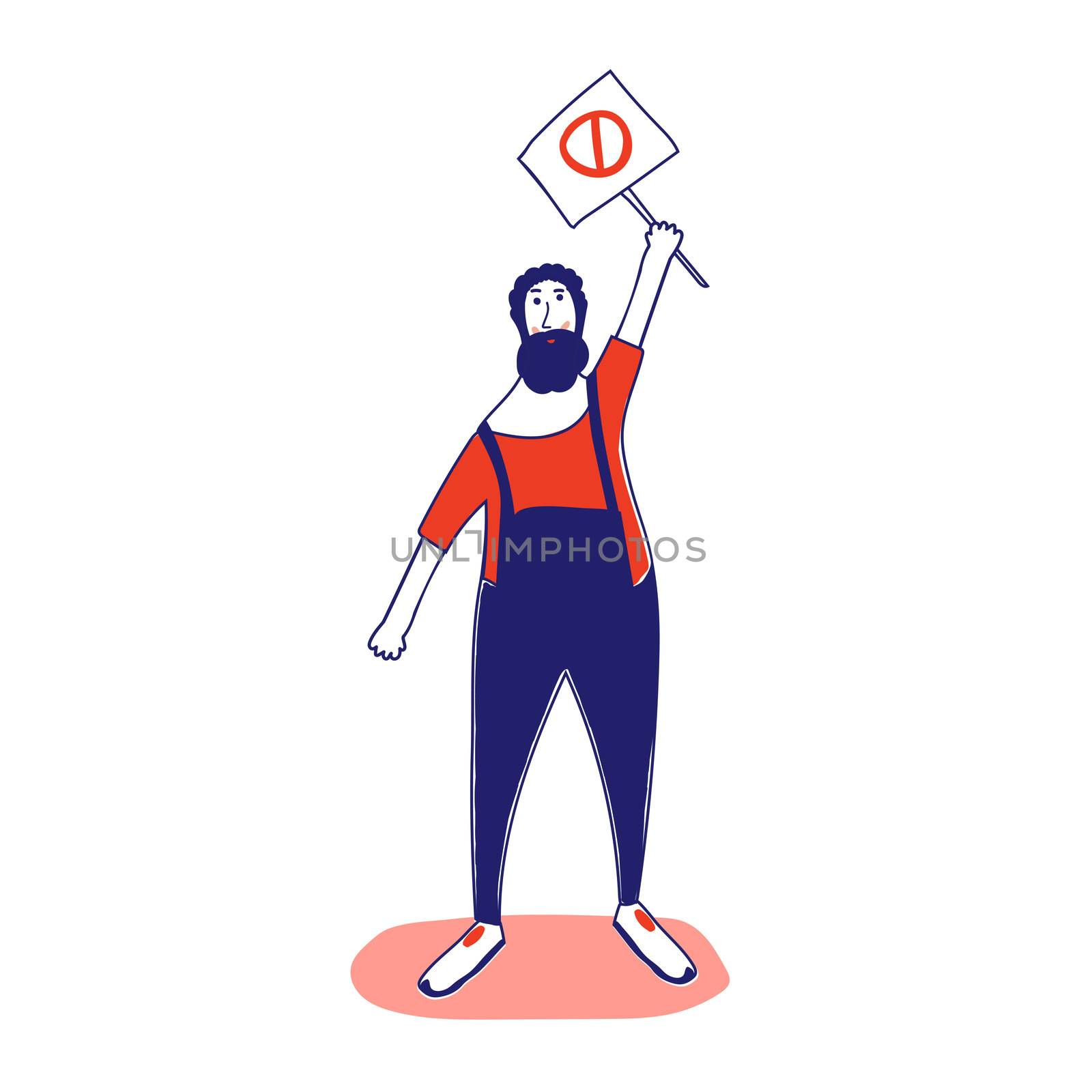 A man with a banner, a protesting activist, a workers' strike. Worker holds a blank banner, takes part in the parade. A manifest with a demonstration sign with empty space for text. Single picket. illustration with blue outline in cartoon hand-drawn style. by zaryov