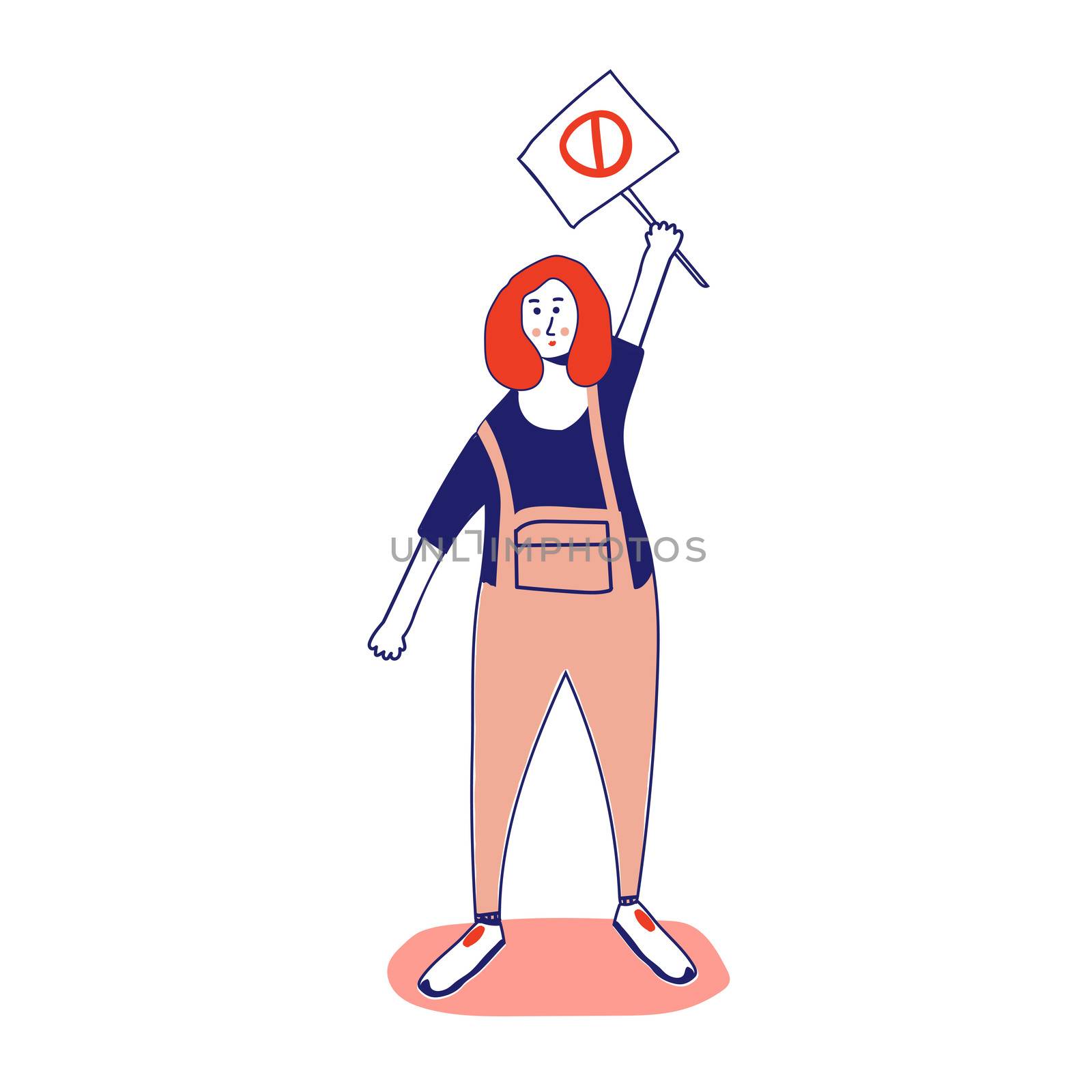 Woman holding a poster, protesting activist, workers strike. Worker holds a blank banner, takes part in the parade. Manifesto with a demo sign with blank space for text. Single picket for women's rights. illustration, line, in cartoon style. by zaryov