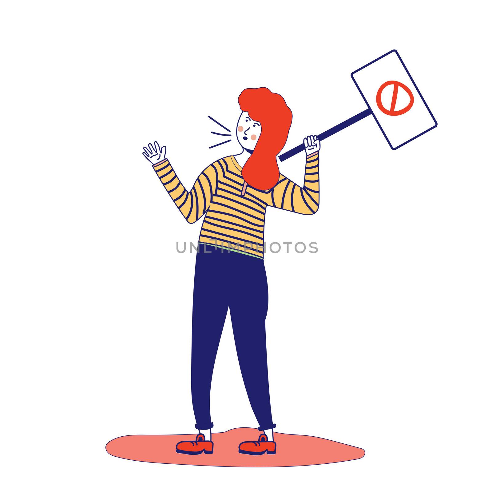 Woman holds a poster, protesting activist, workers strike. Worker holds a blank banner, takes part in the parade. Demo manifesto with blank space for text. A single picket for women's rights. A feminist. illustration, blue line, in cartoon style. by zaryov