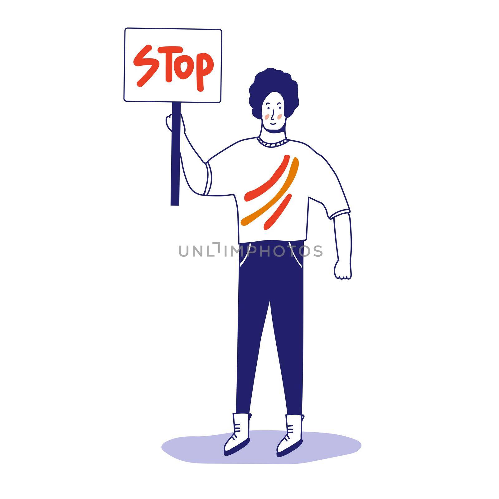 A man with a banner, a protesting activist, a workers' strike. Worker holds a blank banner, takes part in the parade. A manifest with a demonstration sign with empty space for text. Single picket. illustration with blue outline in cartoon hand-drawn style. by zaryov