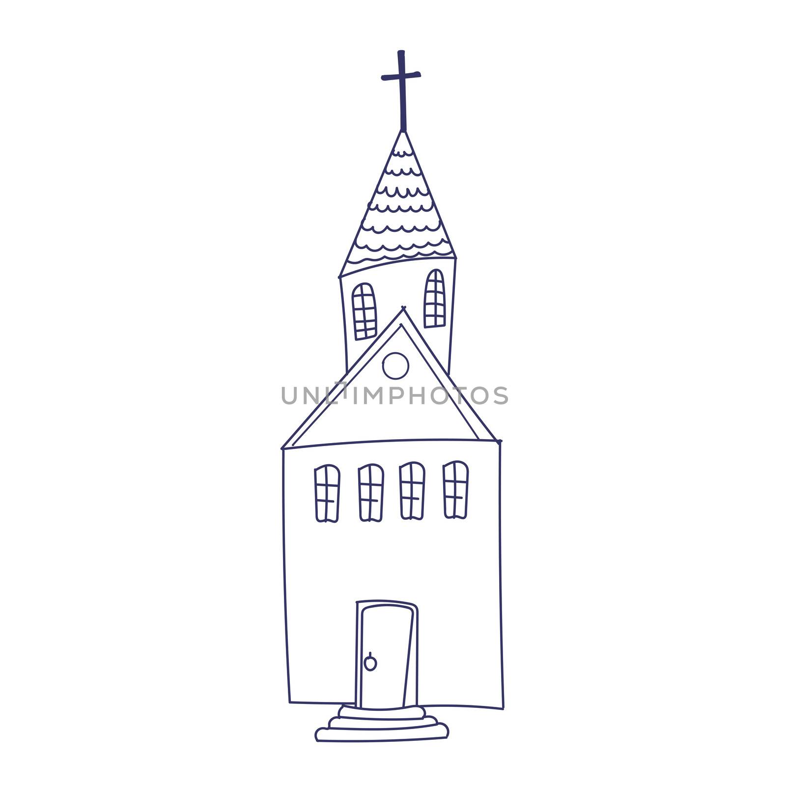 Hand drawn doodle Christian building church icon with Catholic cross illustration sketchy traditional symbol Cute cartoon religious concept element.