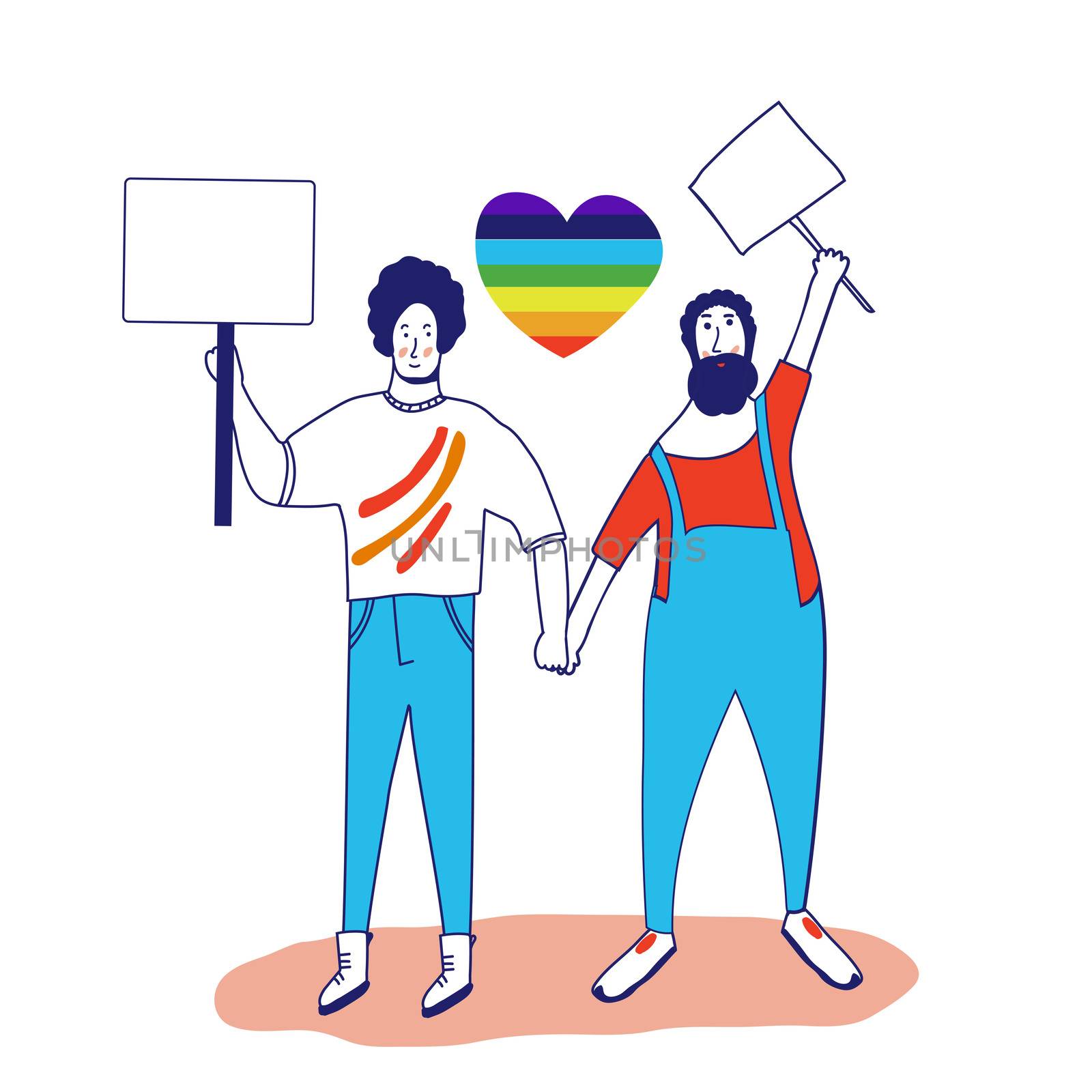 Gay pride. Picket LGBTQ. Different sexual orientation Concept of sexual discrimination protest. Crowd people fight for rights, freedom. illustration in flat style isolated on a white background. by zaryov
