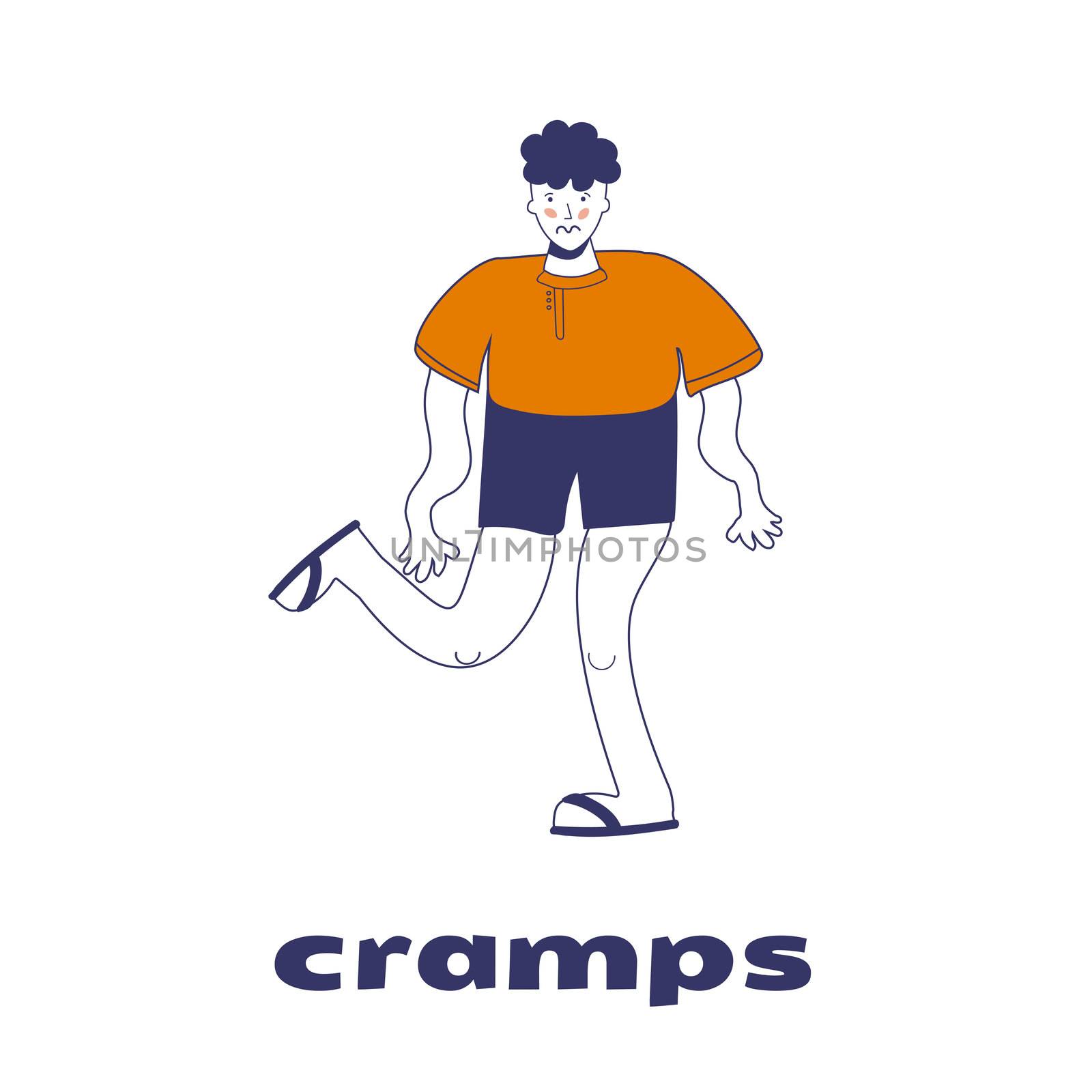 The man has cramps. Legs and arms tremble. The guy has convulsions. illustration with blue outline in cartoon hand-drawn style
