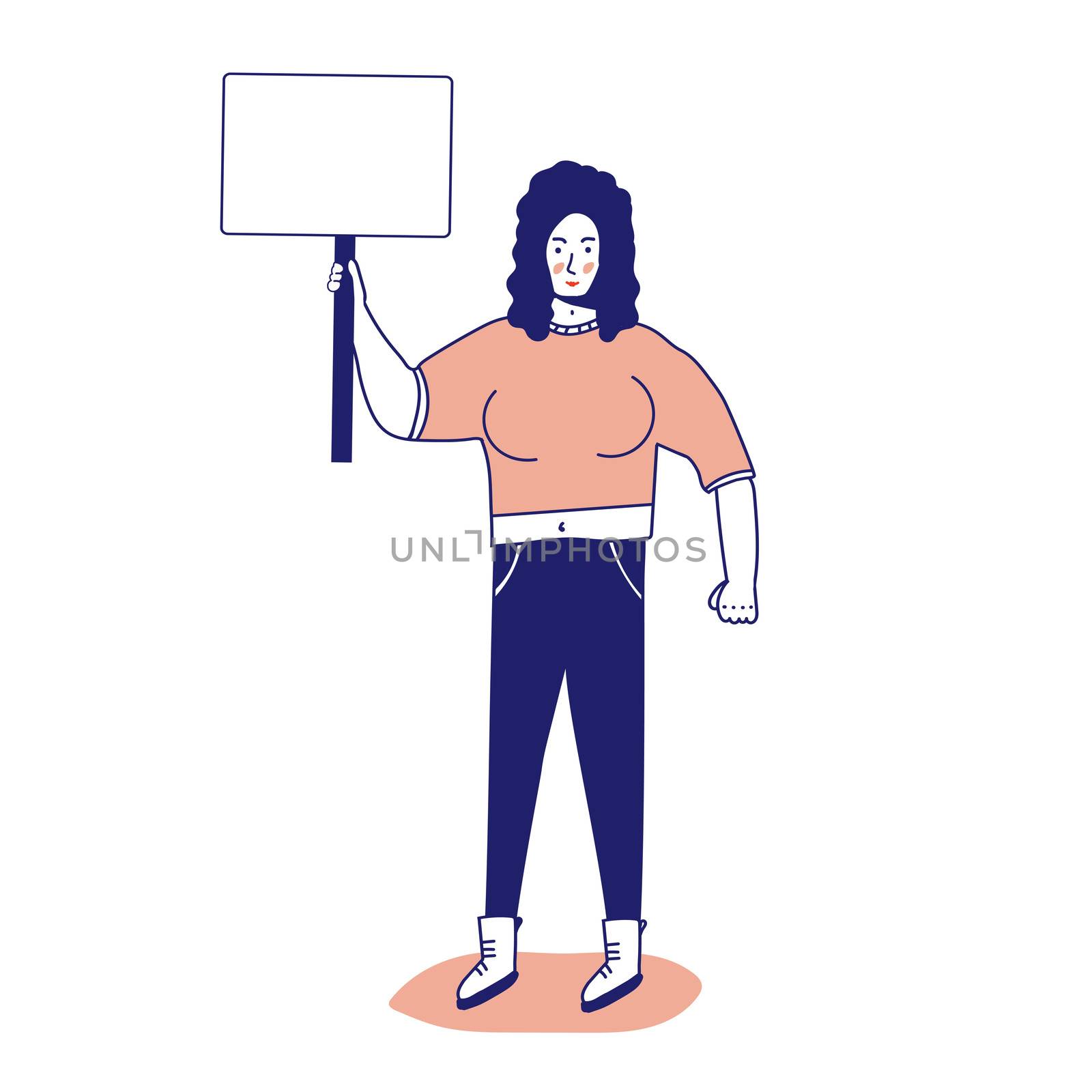 Strong muscular woman with a banner, protesting activist, workers strike. Worker holds a blank banner, takes part in the parade. Manifesto with a demo sign with blank space for text. Single picket for women's rights. illustration, line, in cartoon style. by zaryov