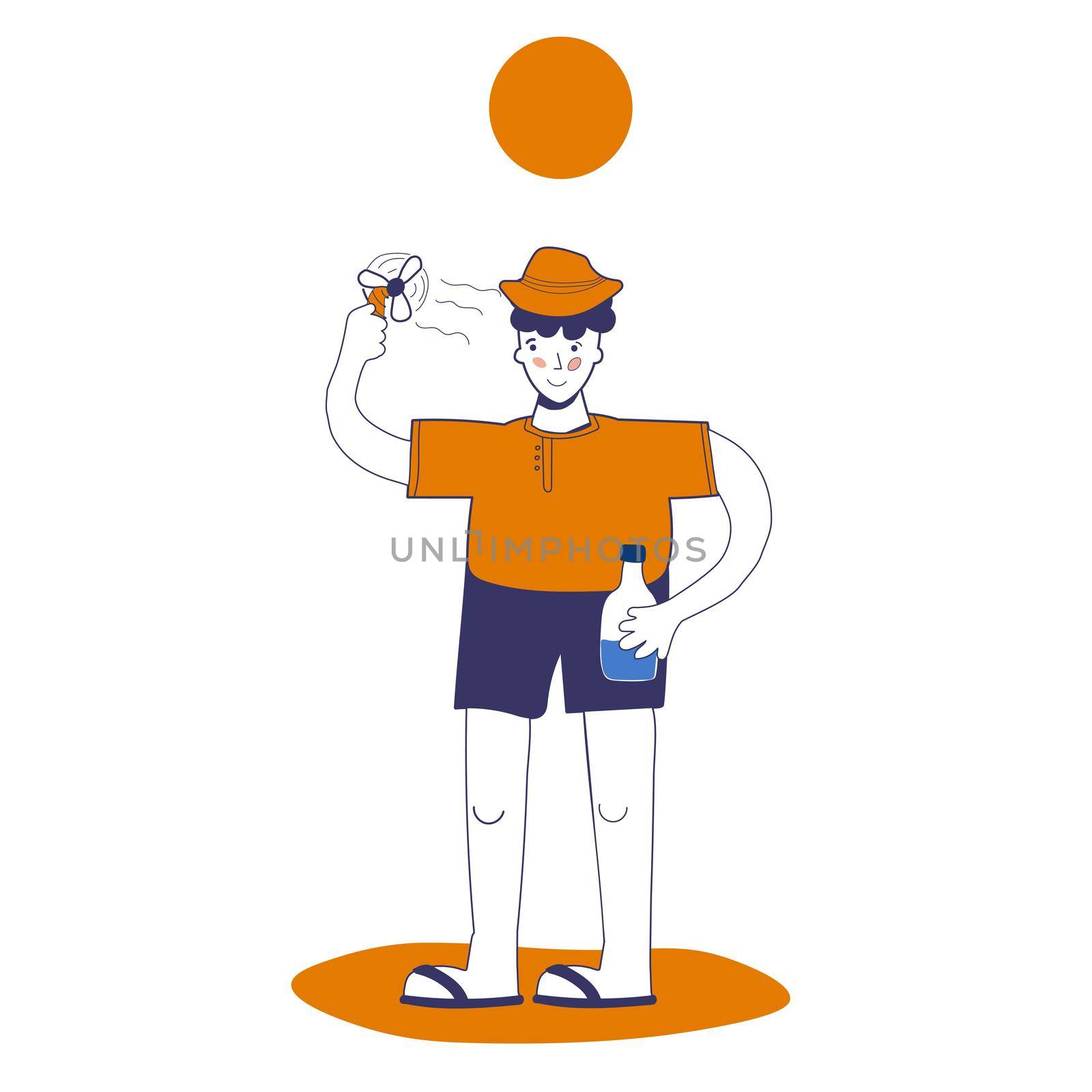 man uses a mini fan and holds water in his hand, protection from heat and heat shock. illustration with blue outline in cartoon hand-drawn style. by zaryov