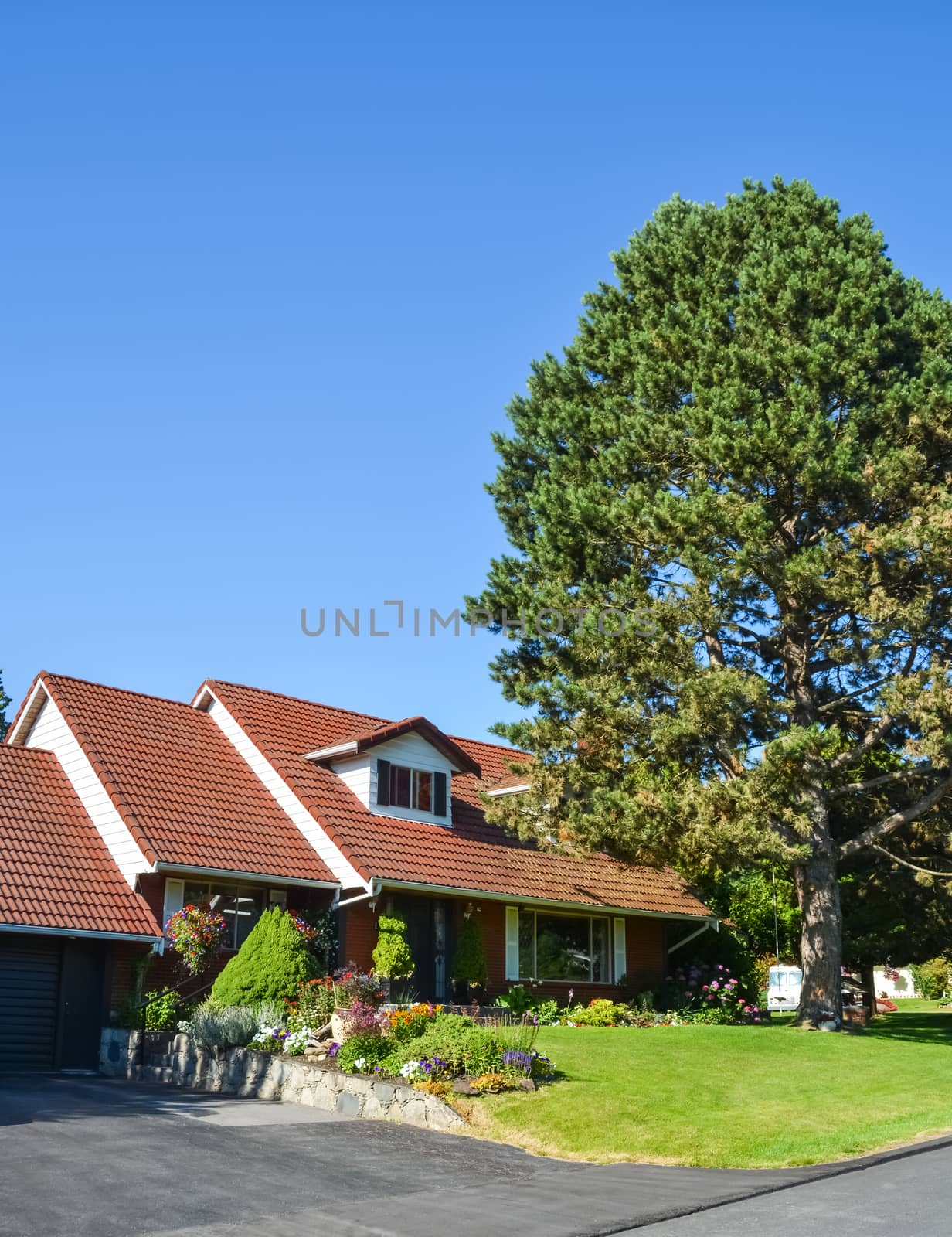 Big residential house with tiled roof and delicately landscaped front yard