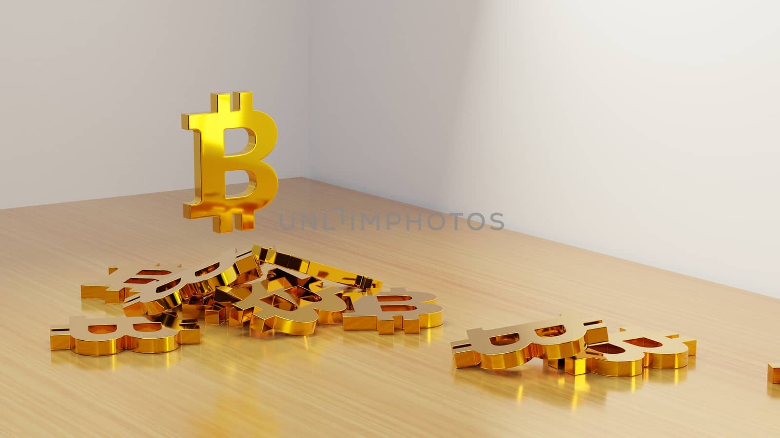 Pile of golden bitcoin signs on a table. Cryptocurrency investment concept. Digital 3D render.