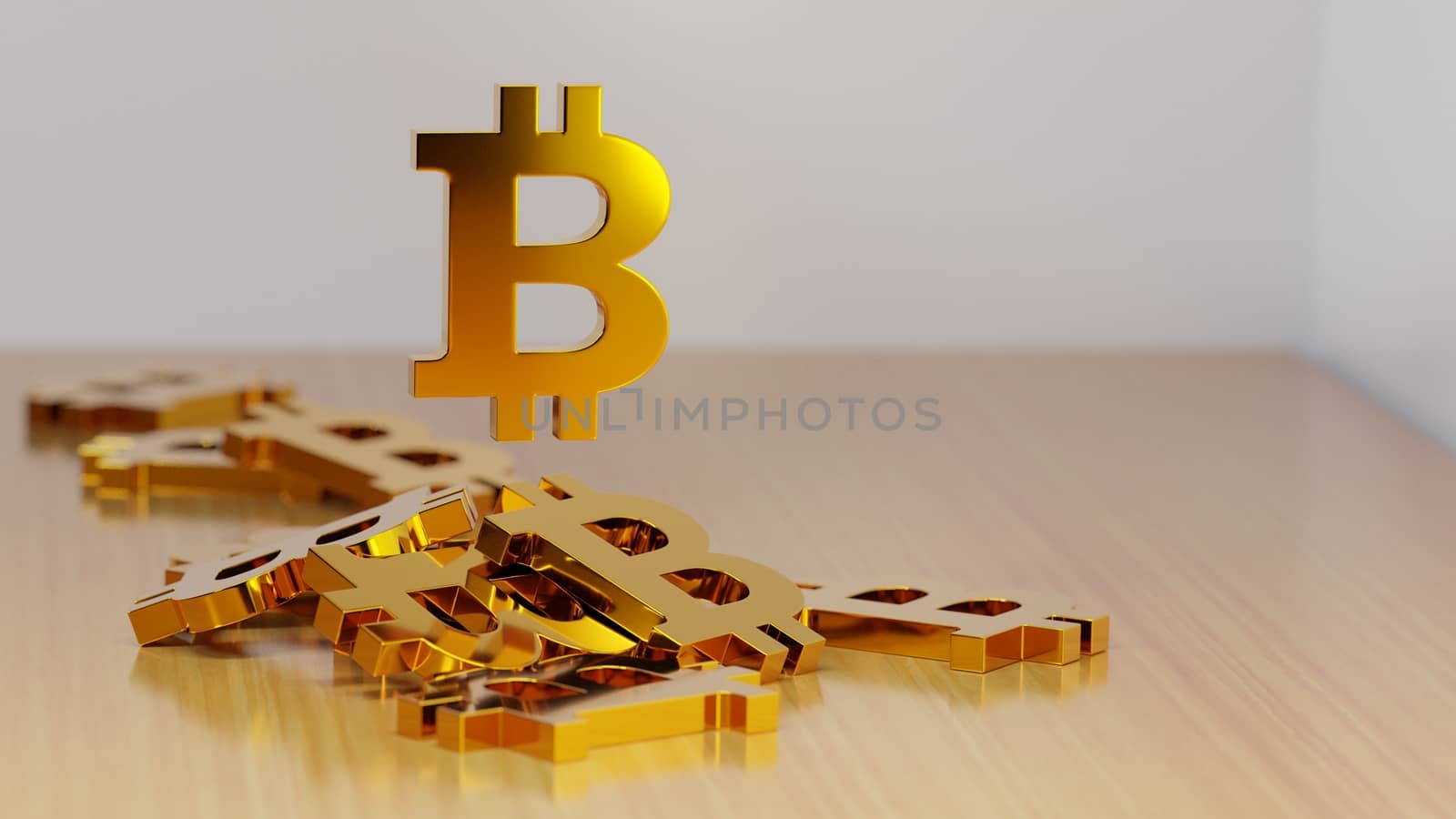 Pile of golden bitcoin signs on a table. Cryptocurrency investment concept. Digital 3D render. by hernan_hyper