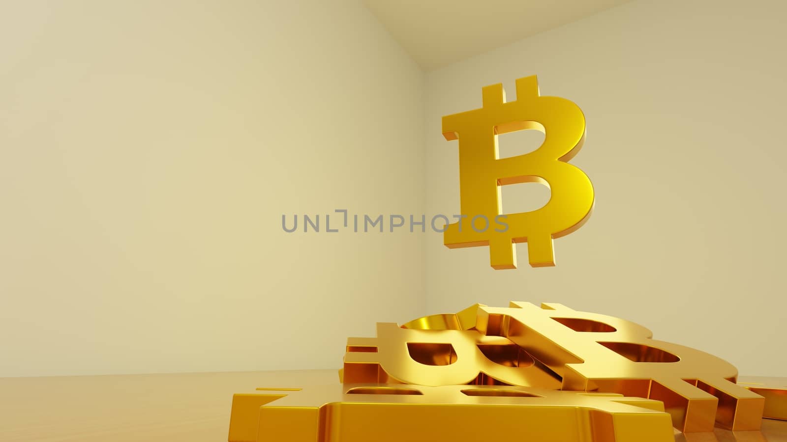 Pile of golden bitcoin signs on a table. Cryptocurrency investment concept. Digital 3D render.