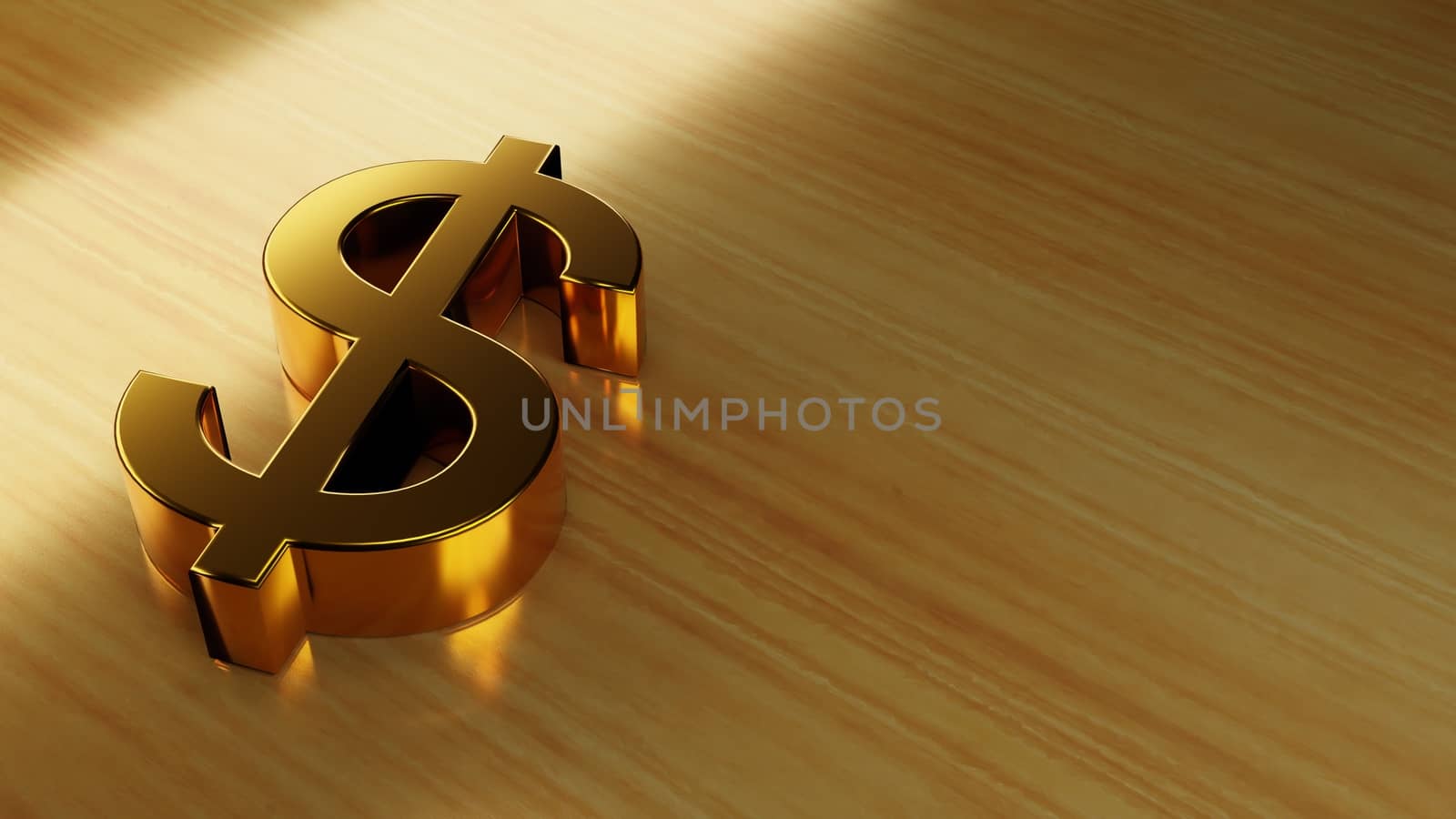 Golden dollar sign on a wooden surface. Digital 3D render. by hernan_hyper