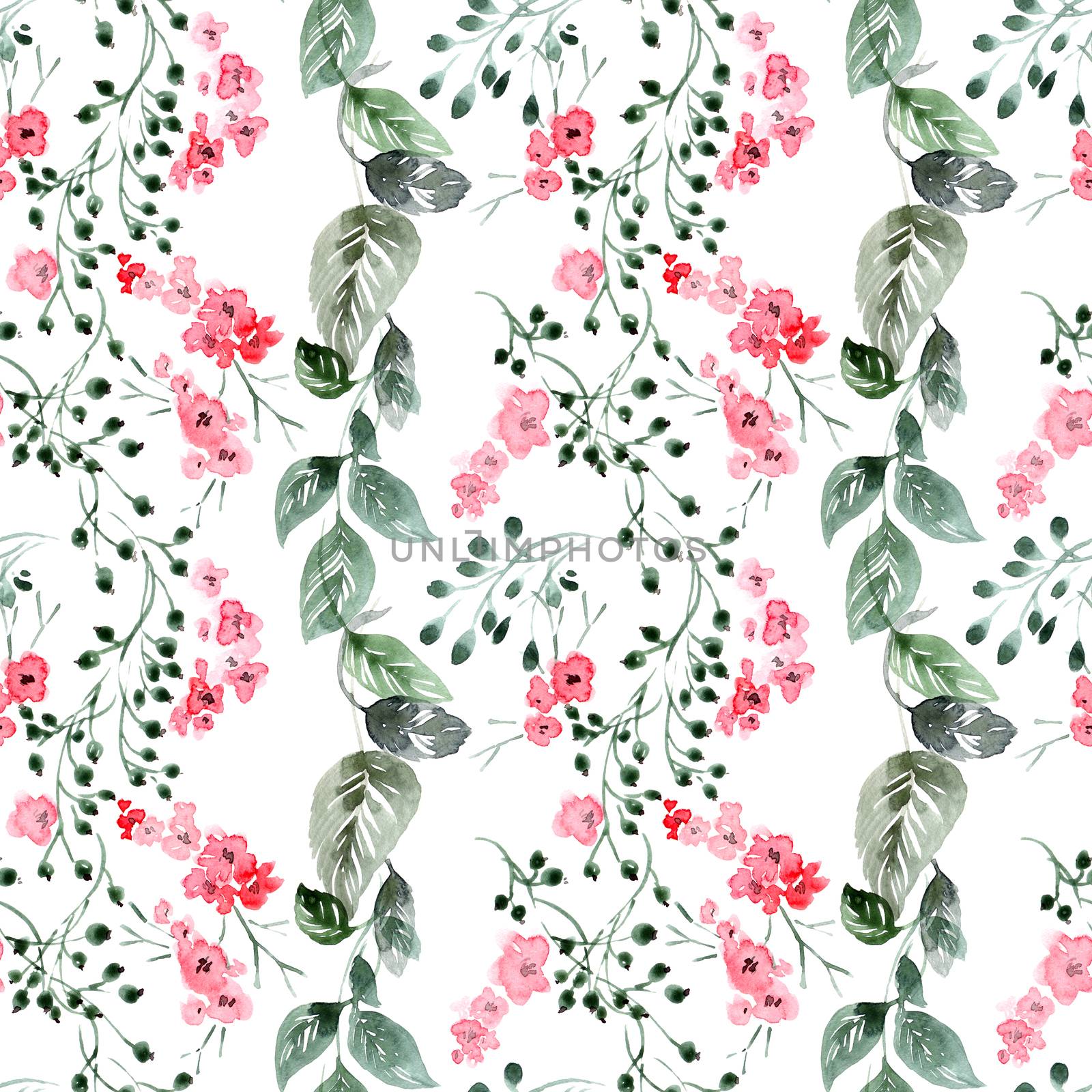 Watercolor floral illustration with flowers, leaves and twigs. Seamless pattern.