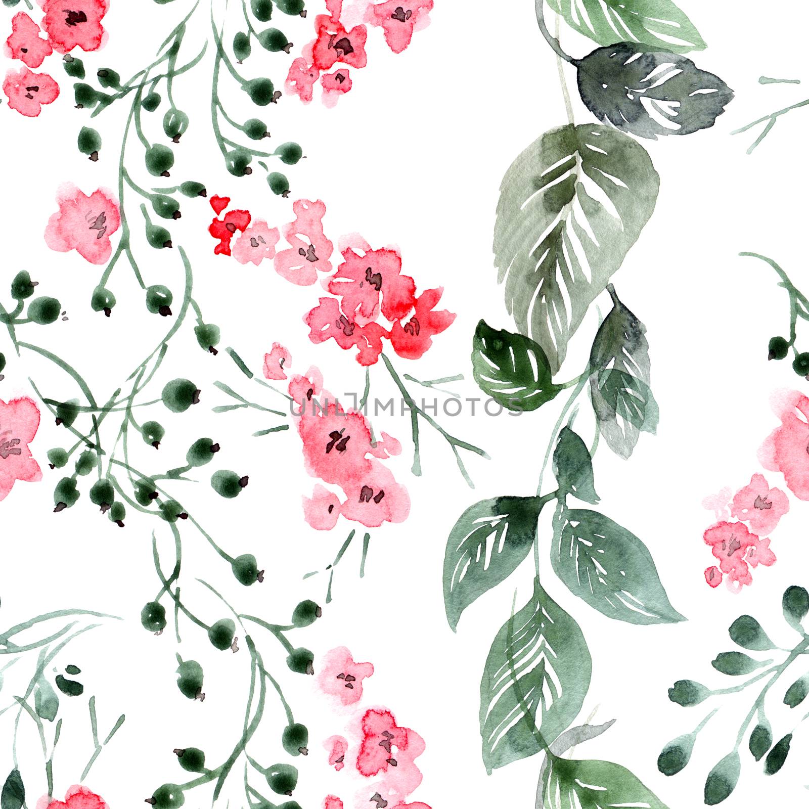 Watercolor floral illustration with flowers, leaves and twigs. Seamless pattern.