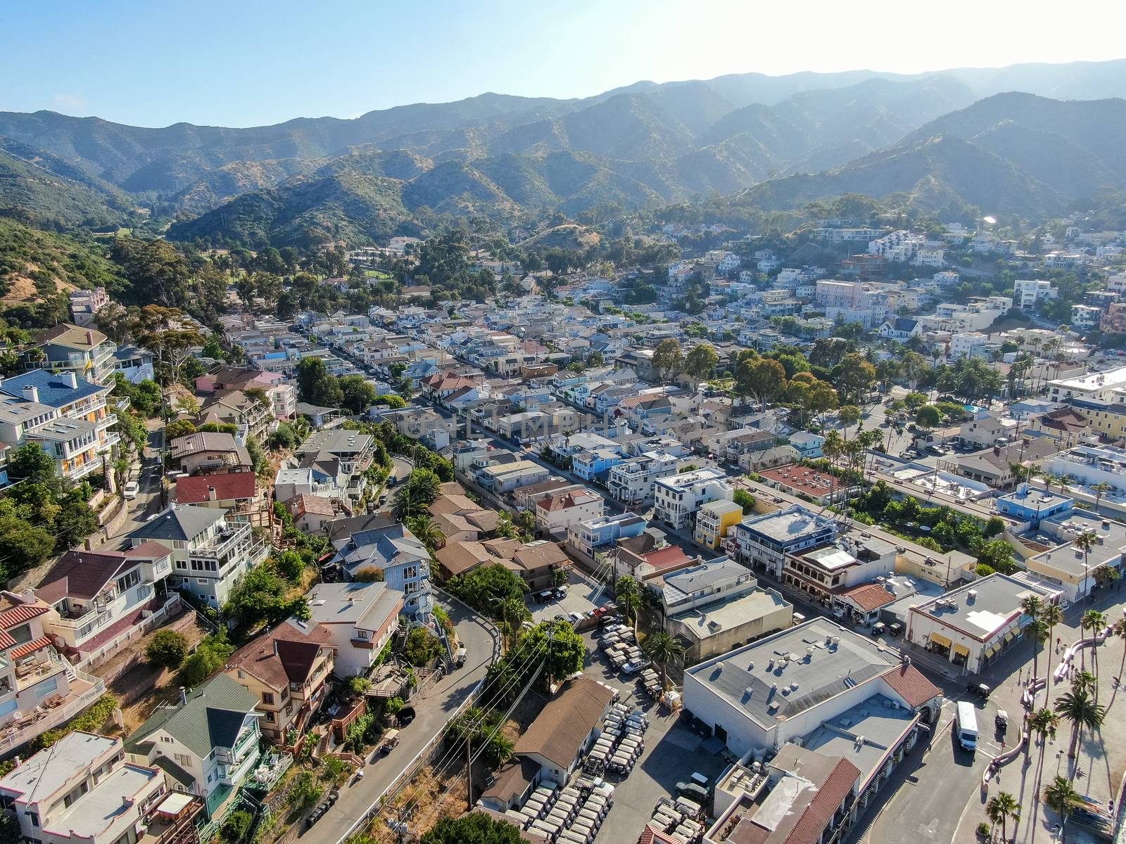 Aerial view of Avalon downtown in Santa Catalina Island, famous tourist attraction in Southern California, USA