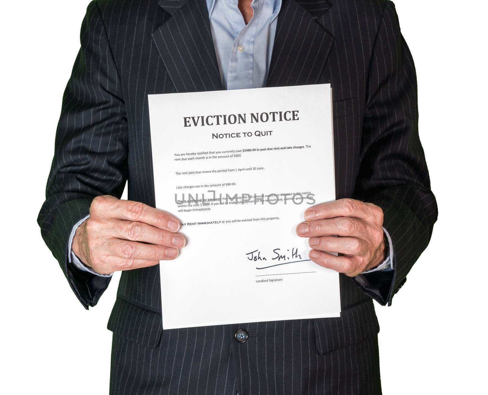 Man in suit serving an eviction notice to a defaulting renter in due to missed rent in recession against white background