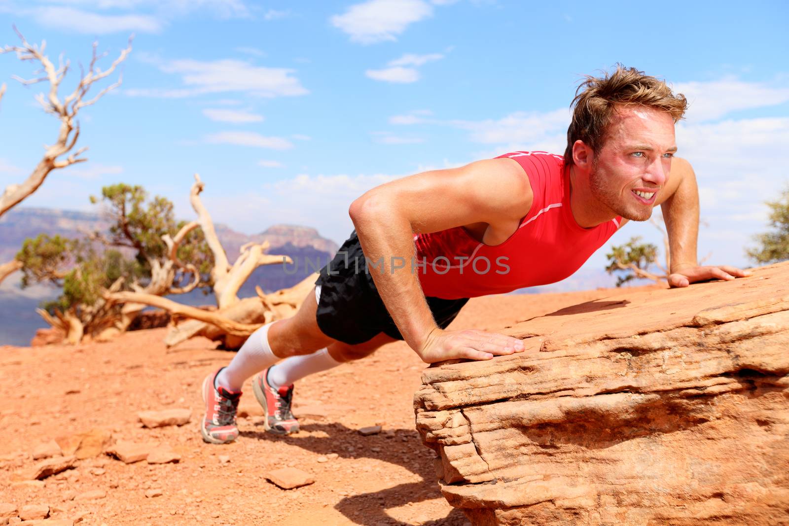 Fitness athlete man training push ups in amazing nature landscape. Strength training fit male working out exercising outdoors in summer doing incline push-up.