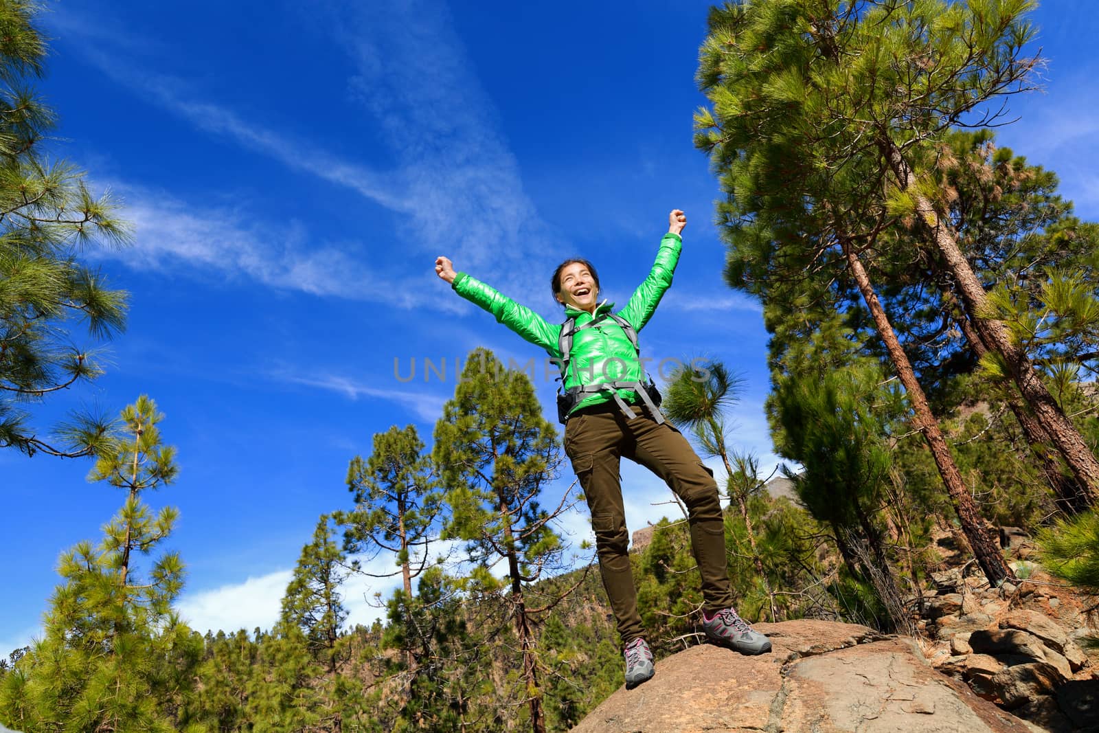 Hiking woman reaching summit top cheering celebrating on mountain top with arms up outstretched towards the sky. Happy female hiker.