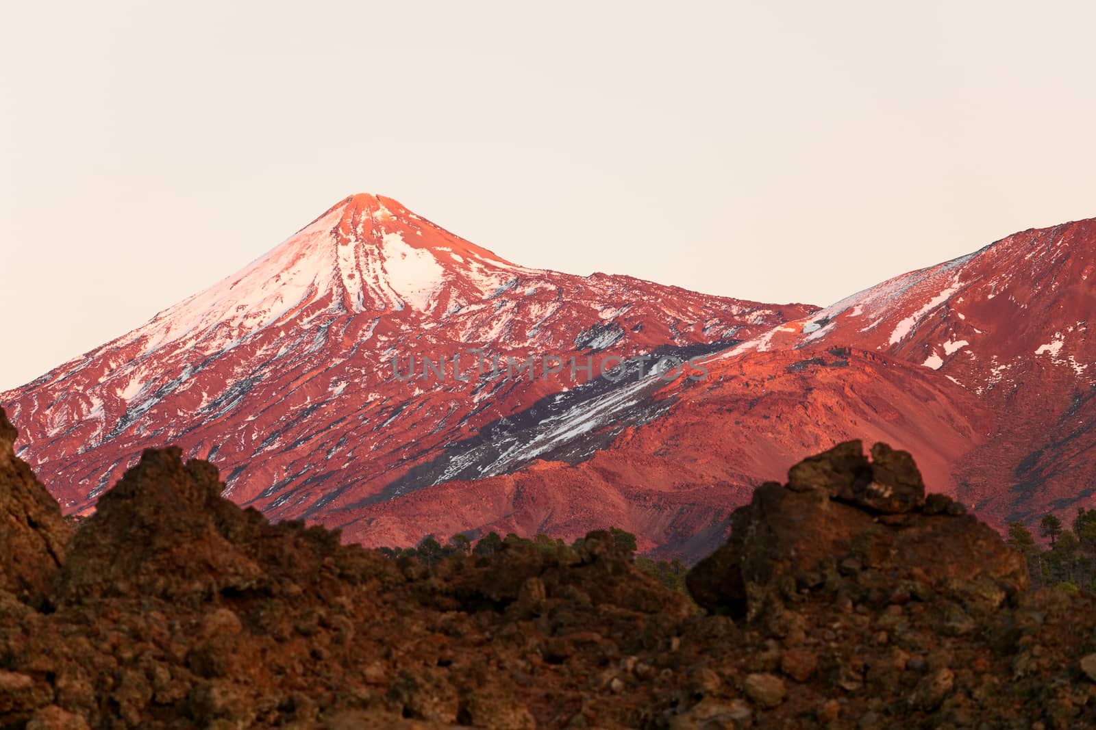 Tenerife - Teide volcano landscape. Beautiful nature scenery at from Teide national park with snowy mountain peak on Canary Islands, Spain.