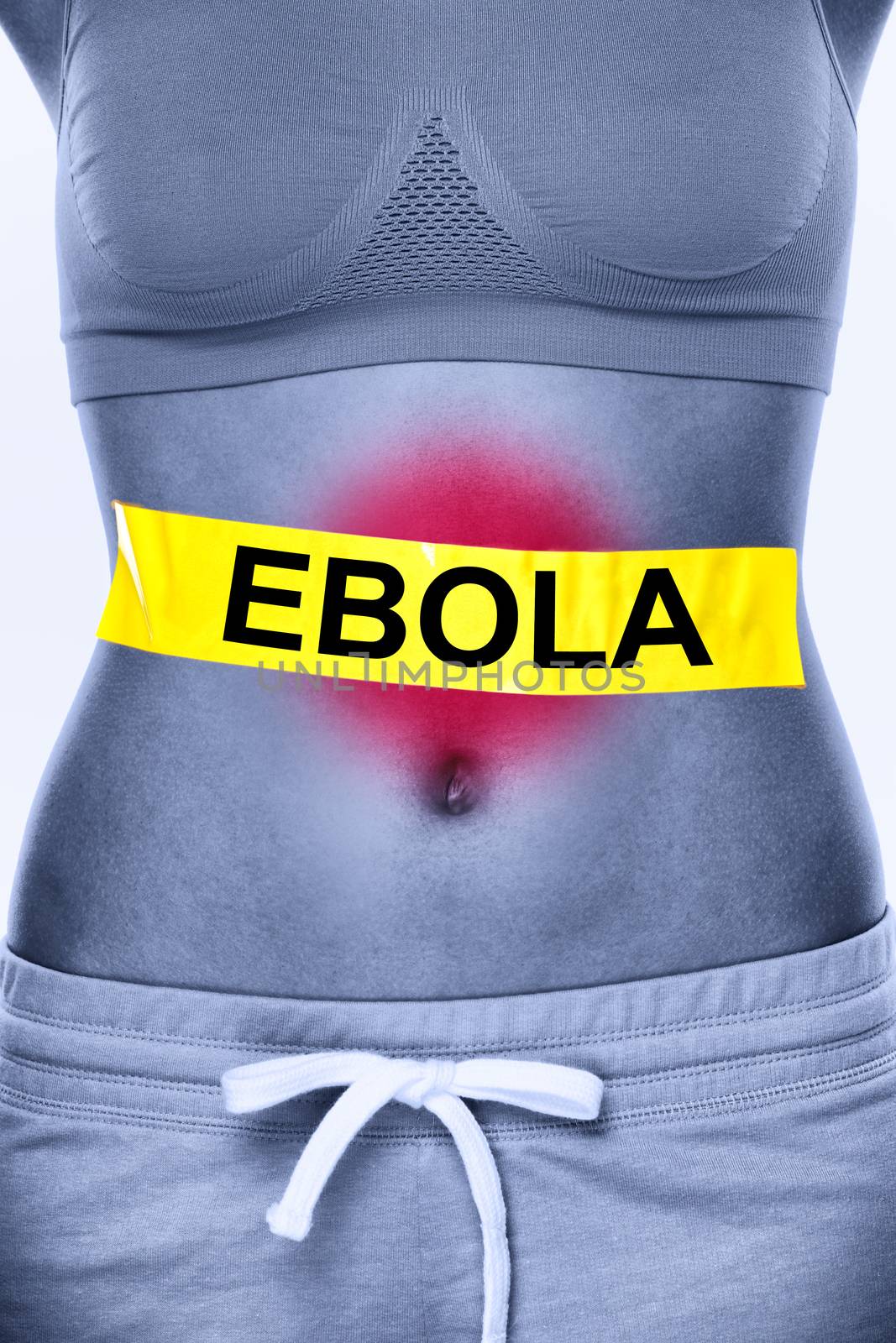 Ebola virus infection. Text on woman stomach symbolizing patient. Ebola symptoms inlcudes nausea, vomiting, diarrhea and stomach pain.