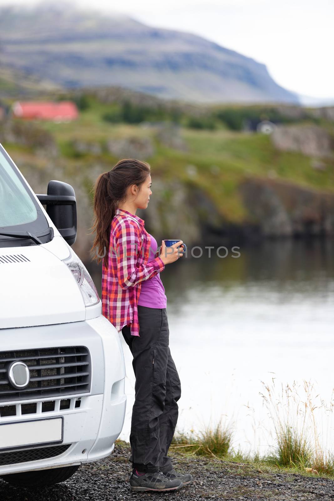 Travel woman by mobile motor home RV campervan by Maridav