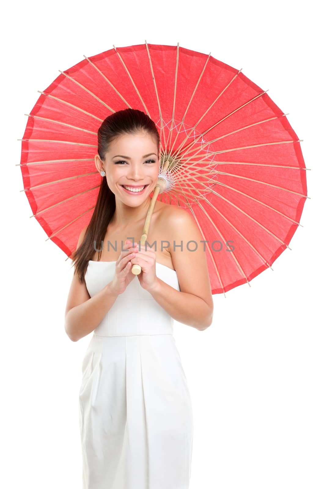 Chinese wedding woman with red paper umbrella. Beautiful mixed race Chinese Asian / Caucasian girl isolated on white background smiling pretty