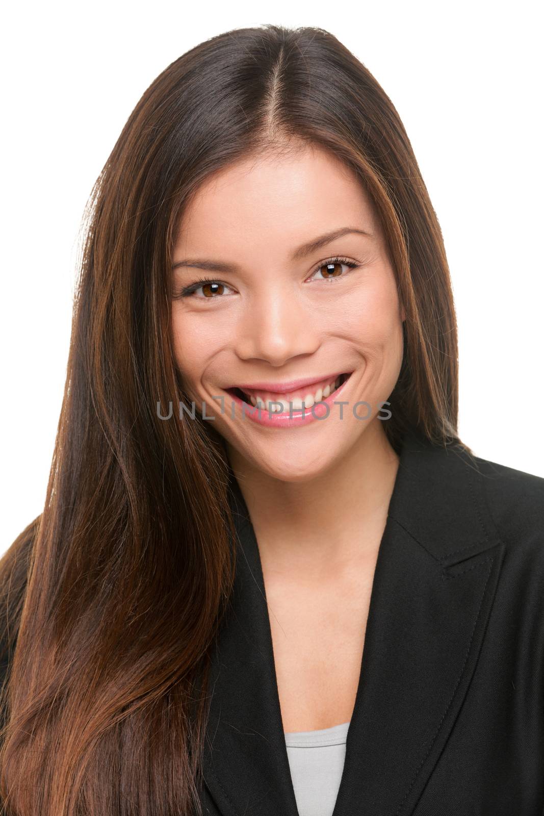 Asian business woman professional portrait. Young female businesswoman close up portrait isolated on white background. Mixed race Asian Caucasian female model in her twenties.