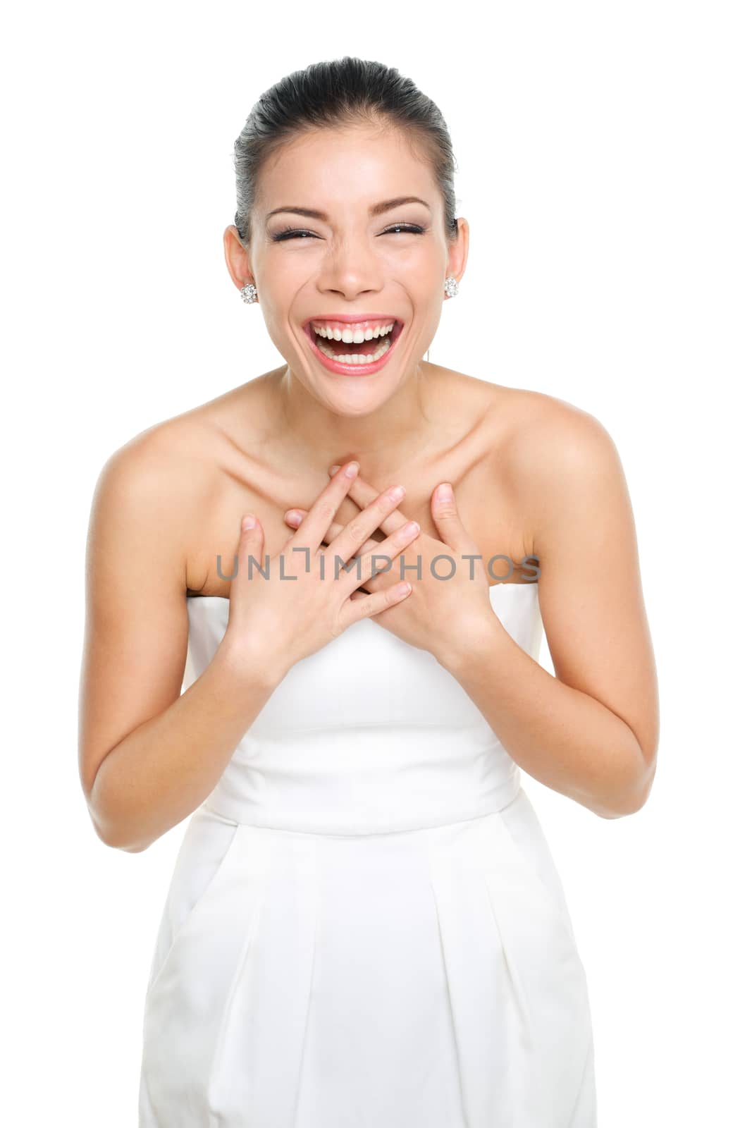 Laughing happy Asian Chinese woman. Joyful expression of emotion by a beautiful asian young lady. Isolated on white background.