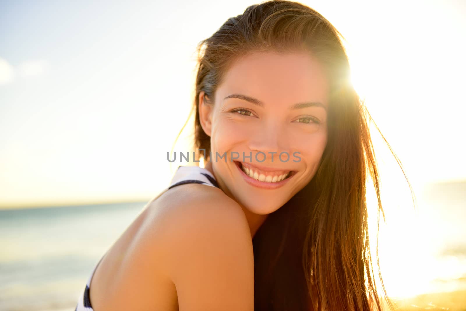 Summer beach pretty woman smiling happy portrait by Maridav