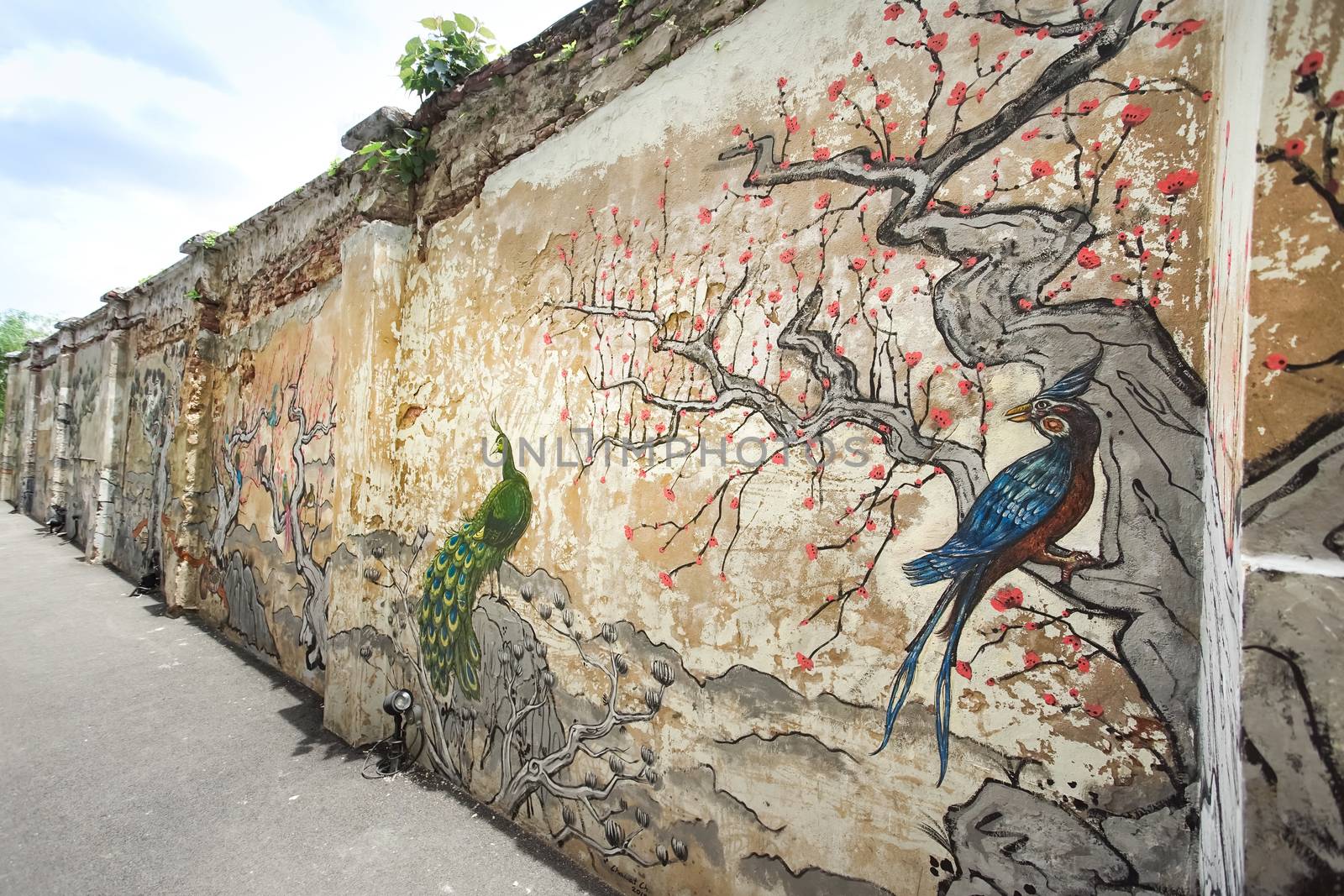 Bangkok, Thailand - September 2, 2018: Chinese style mural in Lhong 1919. The old pier in the past became to a new attraction in Bangkok, Thailand.