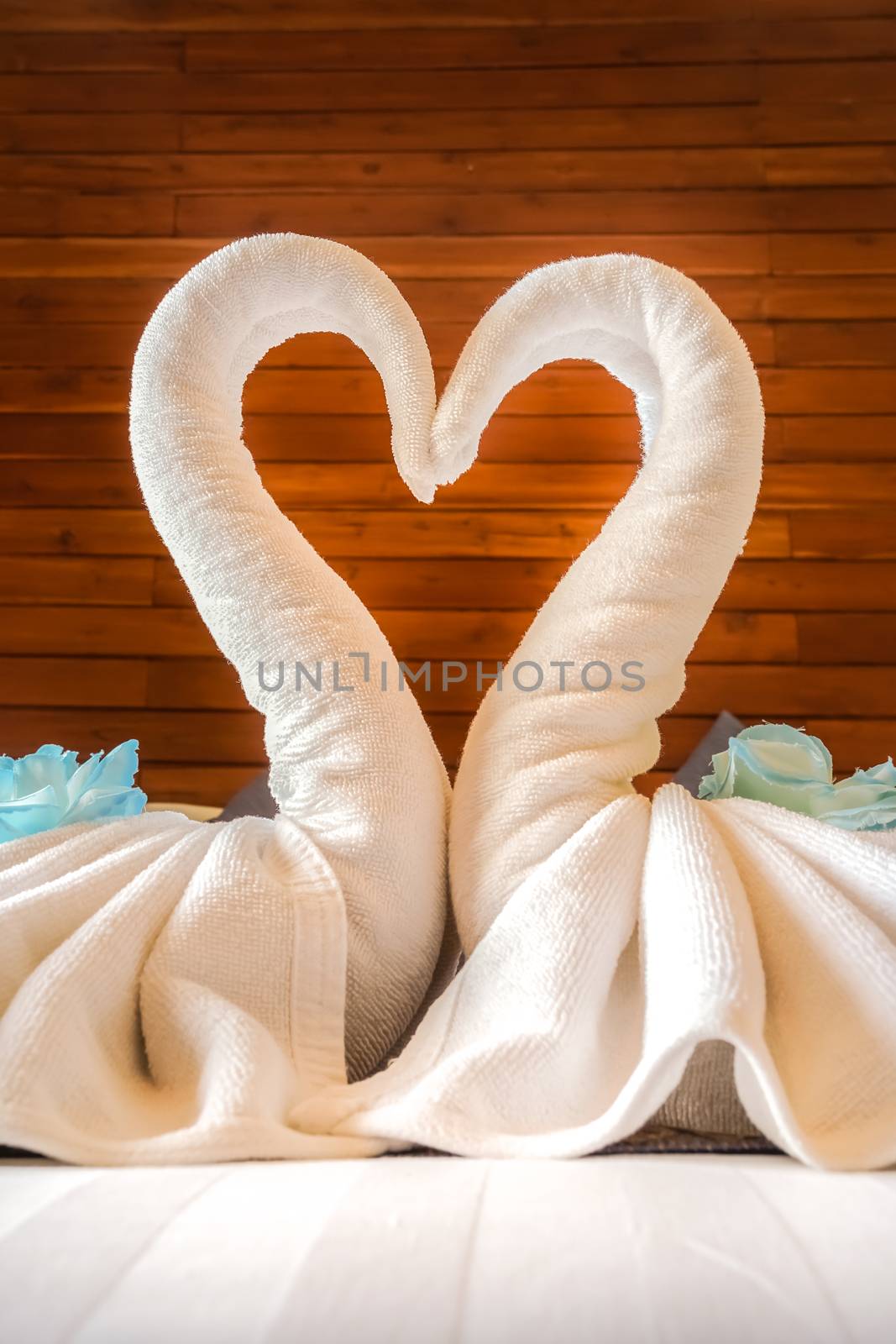 Love concept honeymoon bed in soft focus