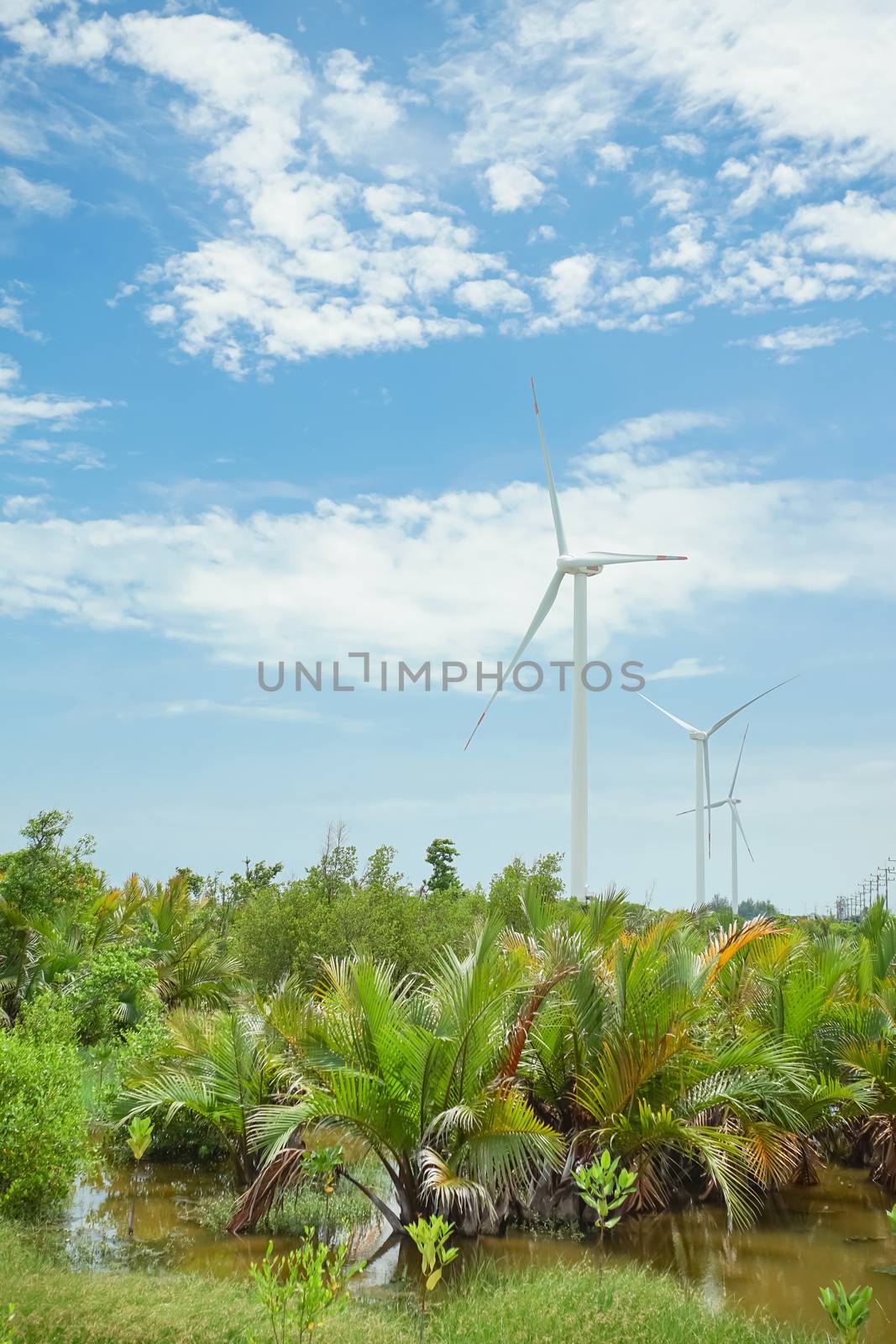 Wind Turbine close to seaside in Pak Phanang, Nakhon Si Thammarat, Thailand.