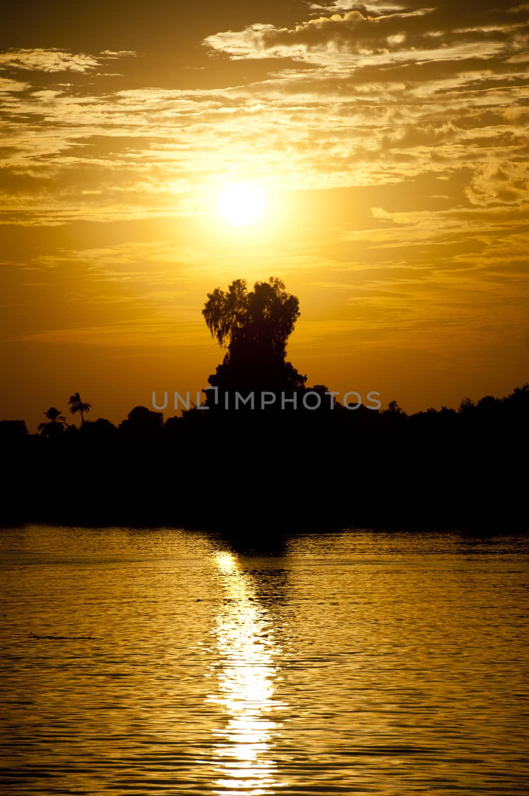Beautiful sunset over a large river with a tree-lined river bank and reflection in the water