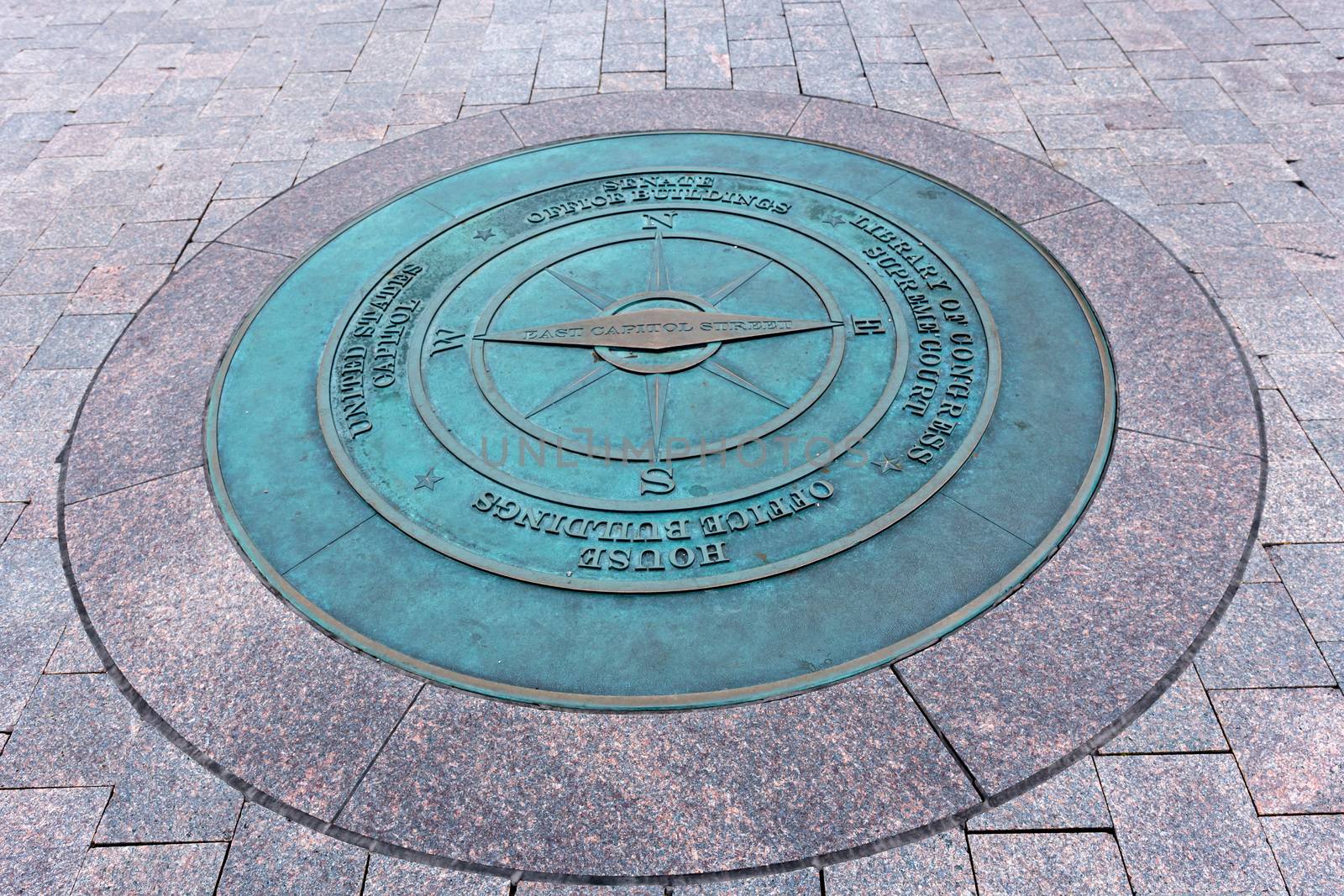 A compass lists the directions to nearby landmarks on Capitol Hill in Washington DC