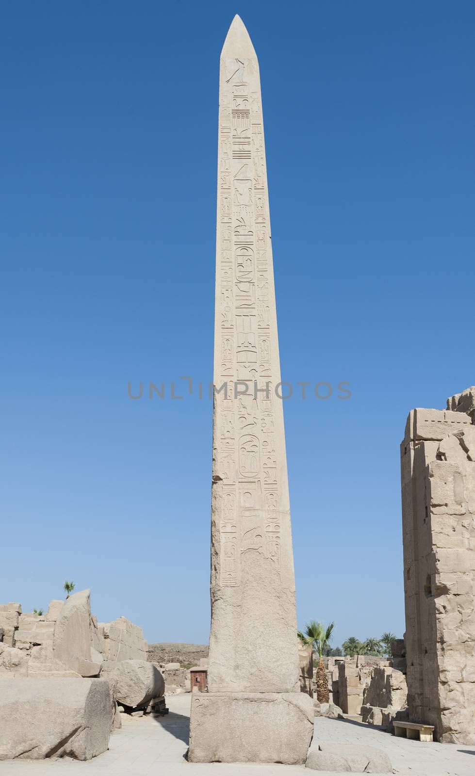 Large ancient obelisk at the temple of Karnak in Luxor