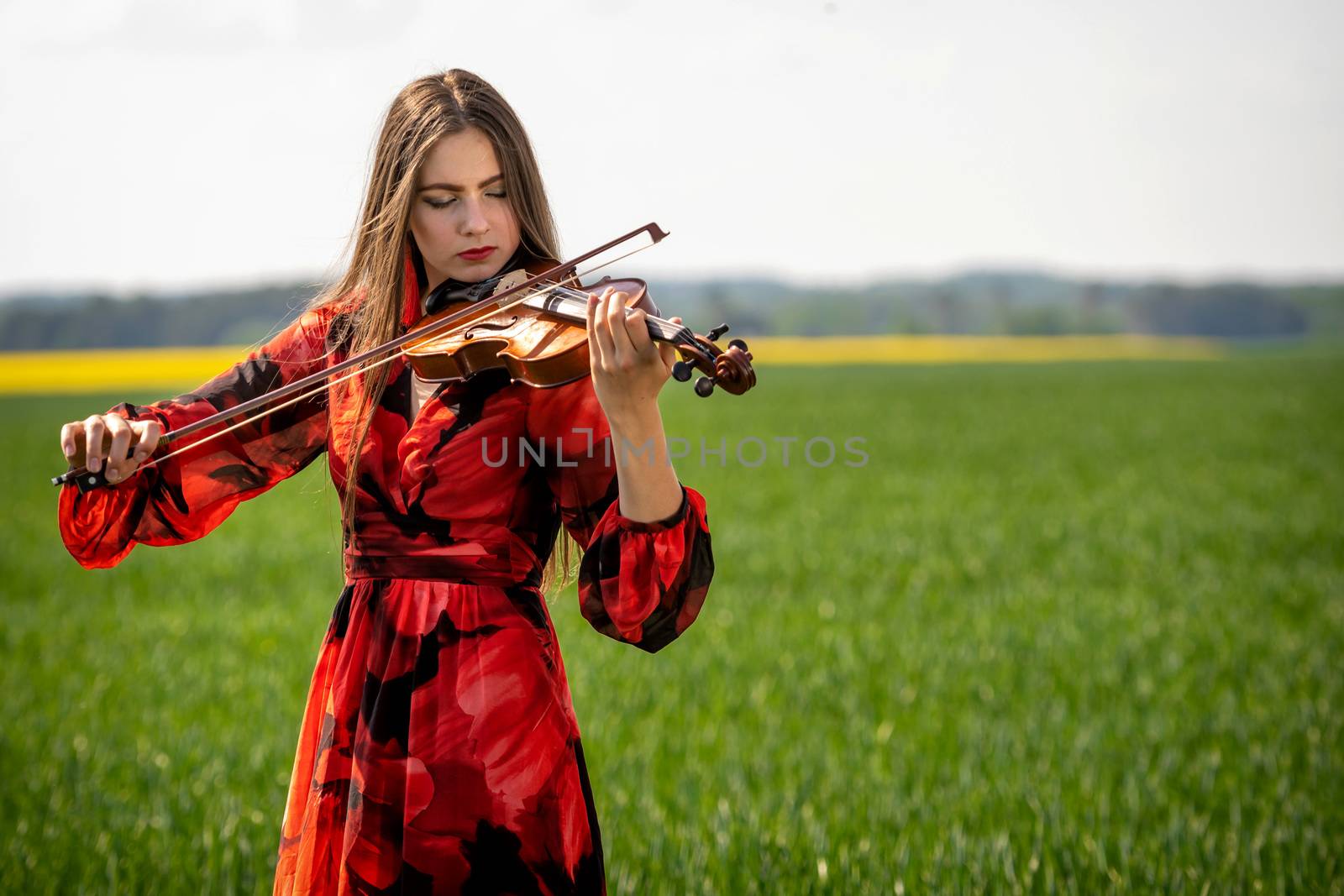 Young woman in red dress playing violin in green meadow.