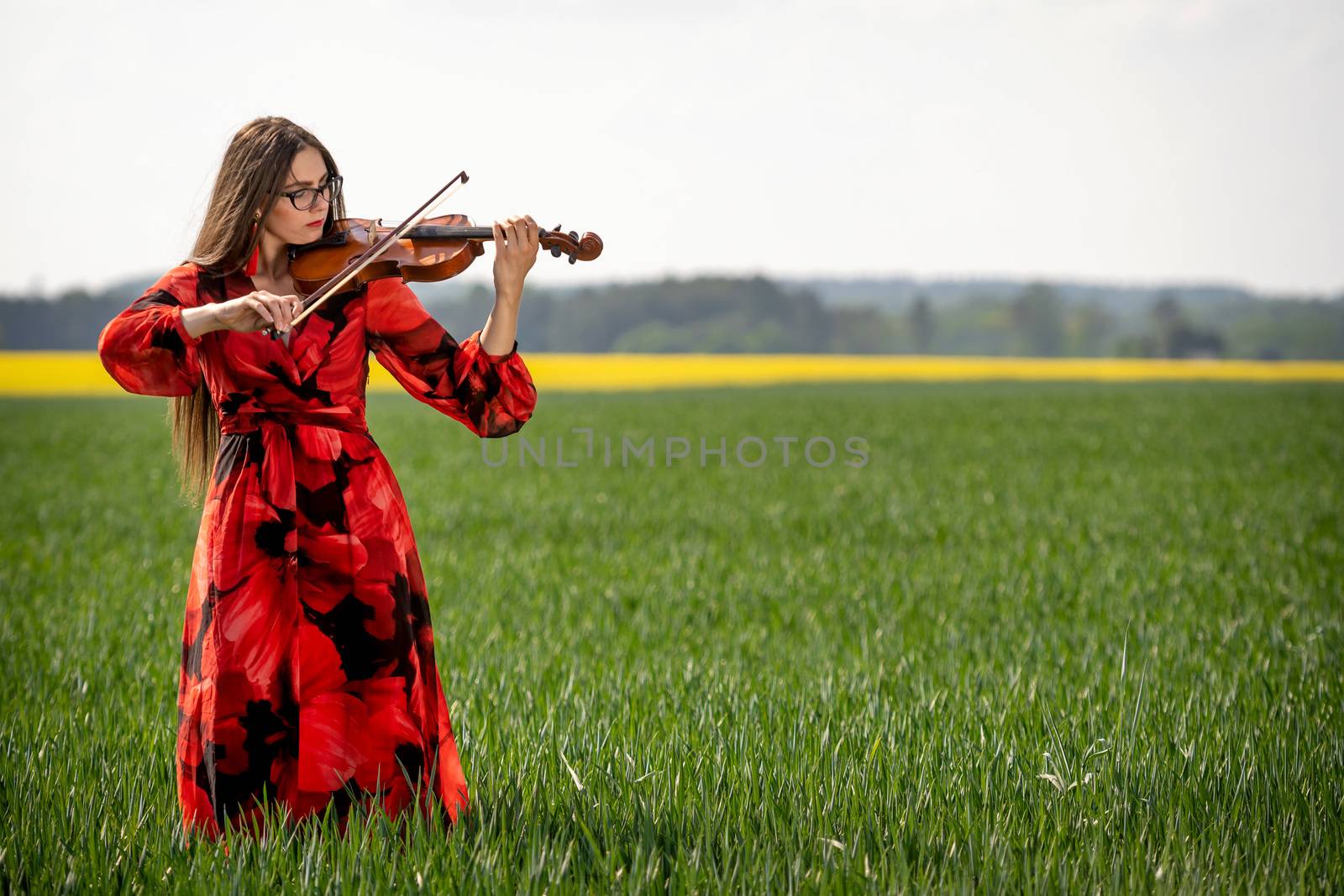 Young woman in red dress playing violin in green meadow.