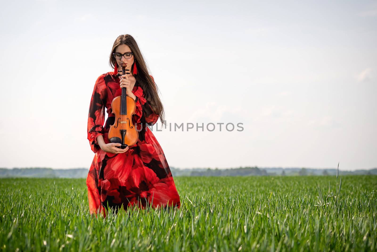 Young woman in red dress with violin in green meadow.