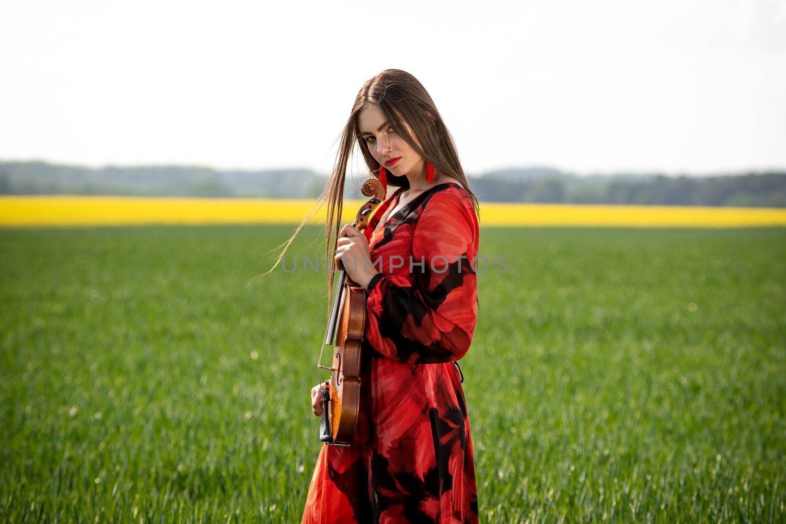 Young woman in red dress with violin in green meadow.