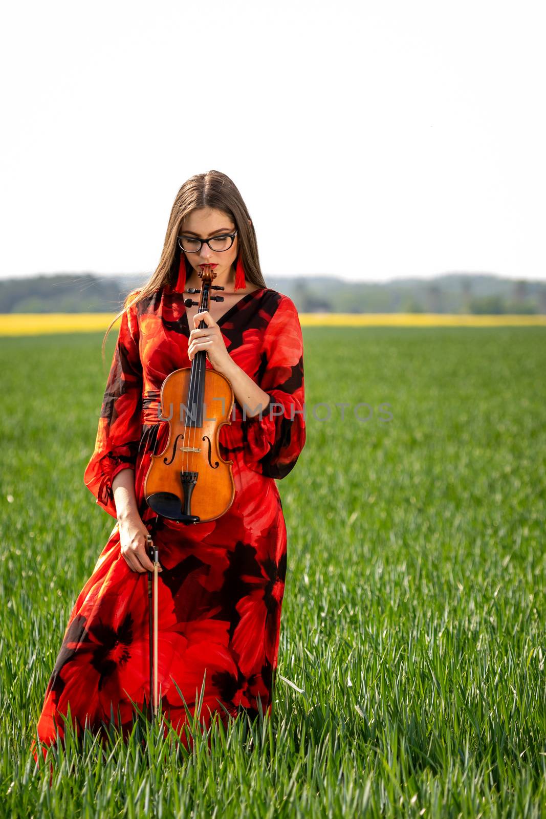 Young woman in red dress with violin in green meadow.