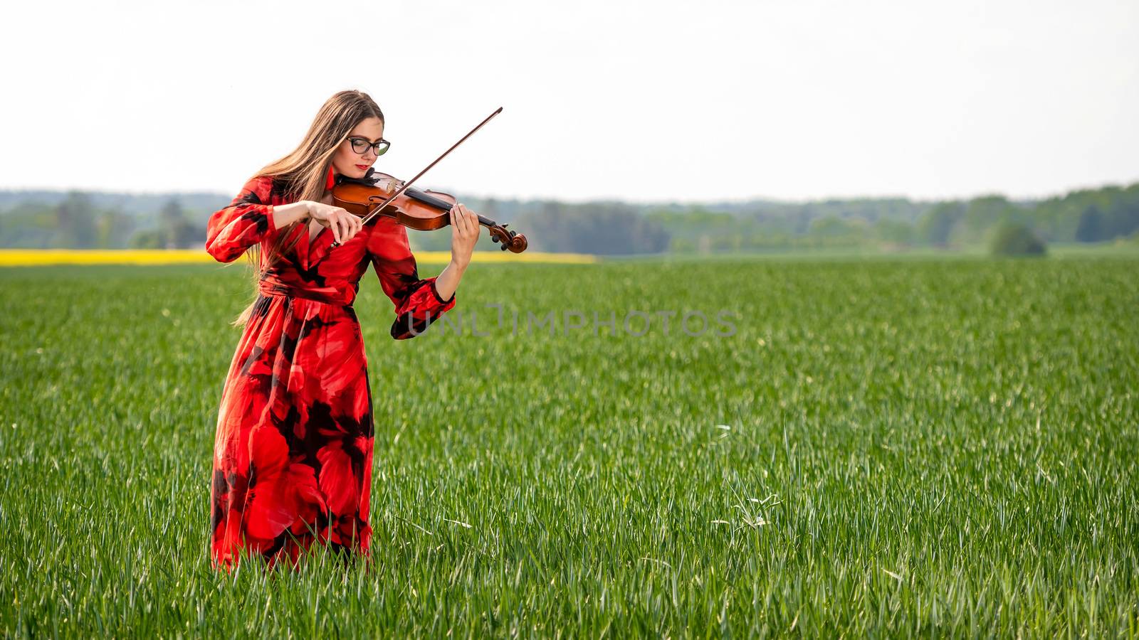 Young woman in red dress playing violin in green meadow.