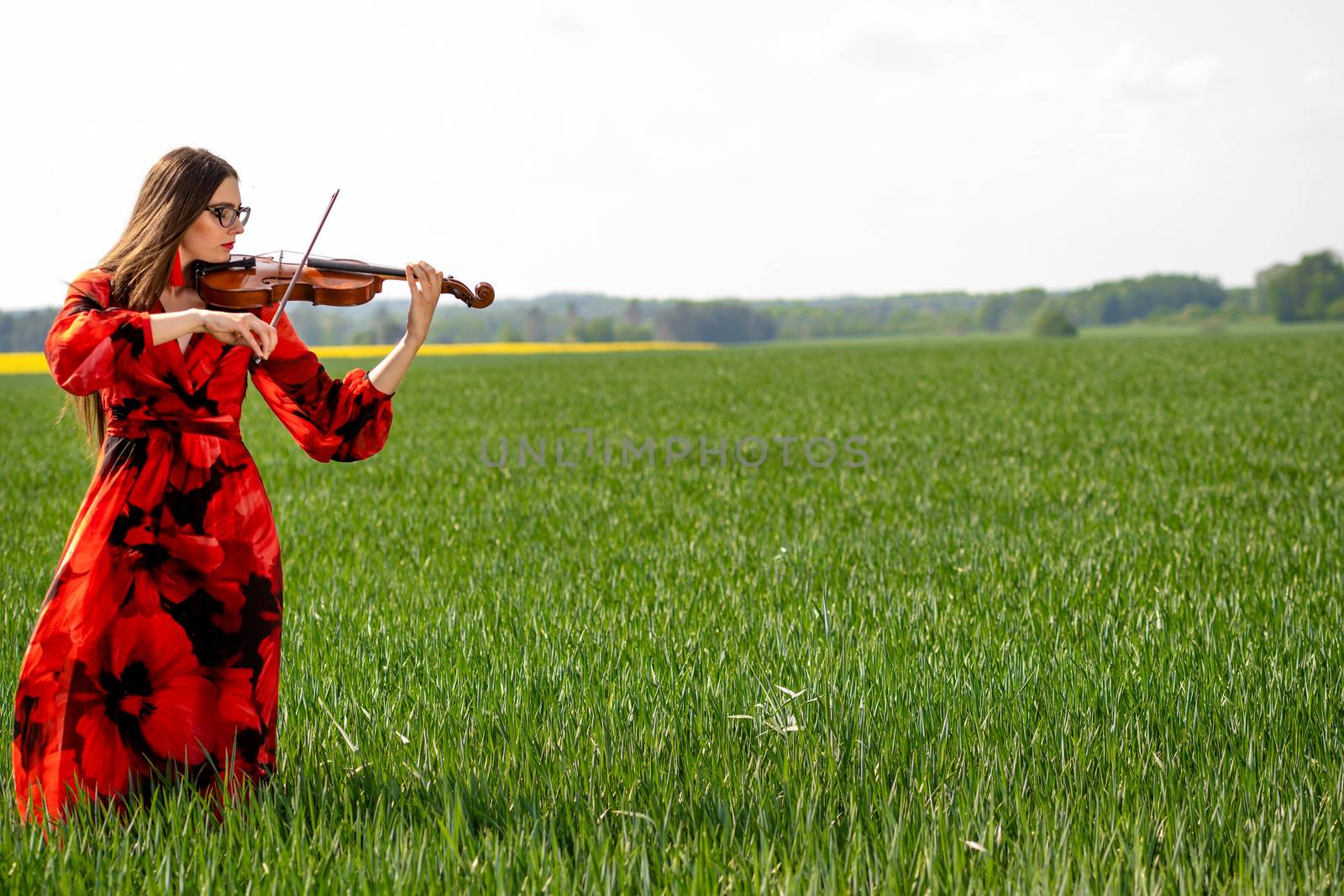 Young woman in red dress playing violin in green meadow.