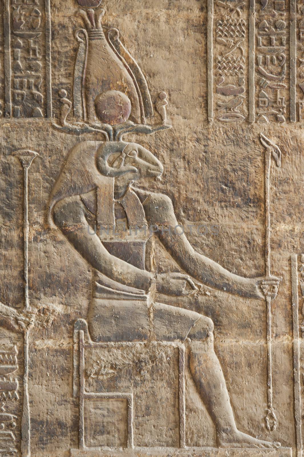 Hieroglyphic carvings on a wall at the Egyptian Temple of Khnum in Esna